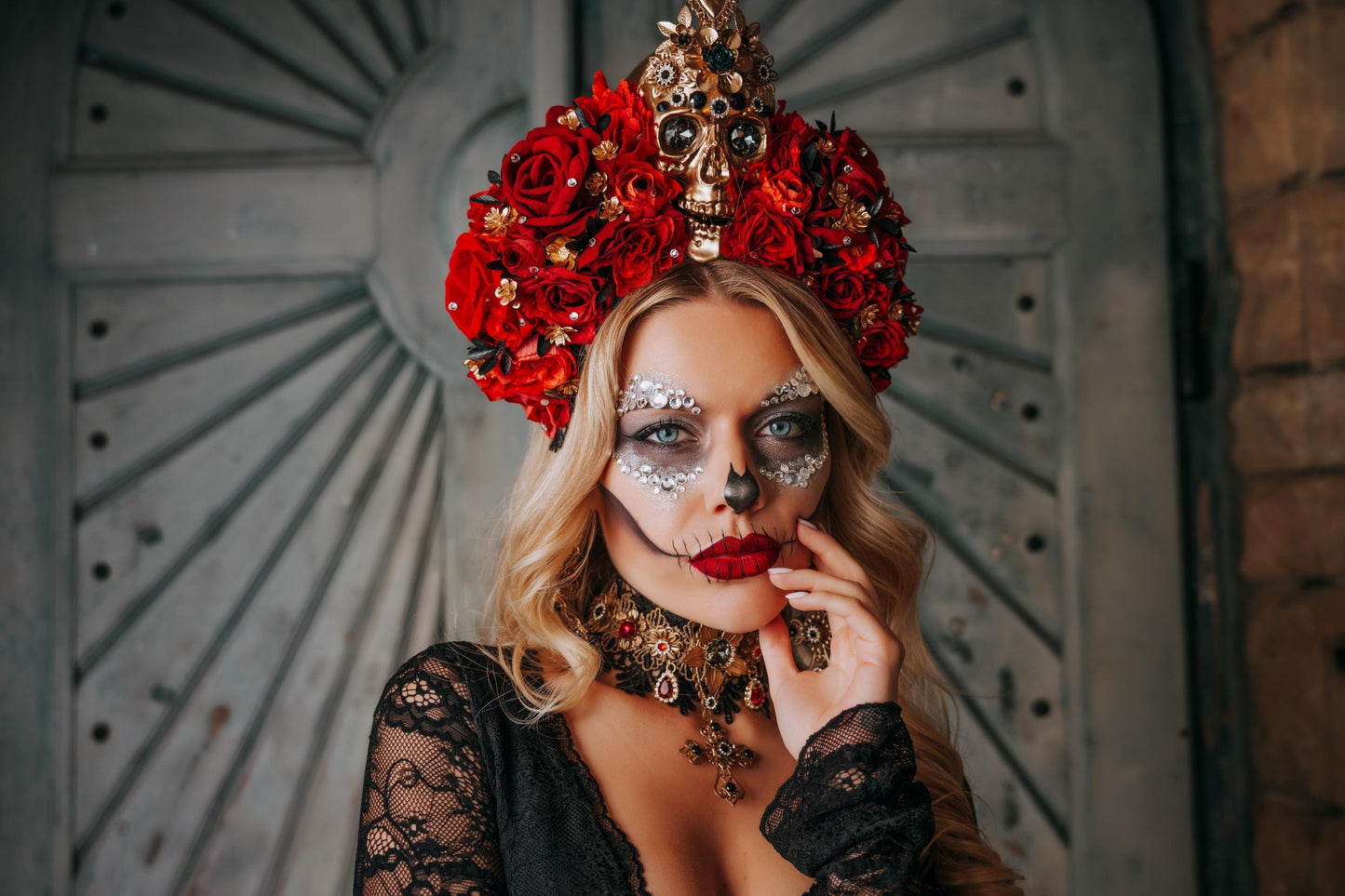 La Catrina Choker Necklace, Día de los Muertos Jewelry, Black Red Gold Sacred Heart Statement Collar