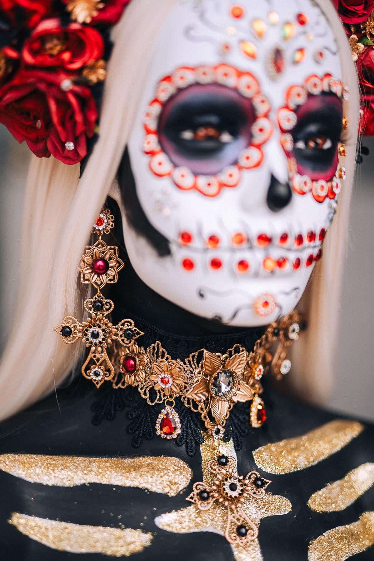 La Catrina Skull Crown, Red Rose Día de los Muertos Headpiece, Gold Catrina Flower Crown, Mexican Inspired Headdress