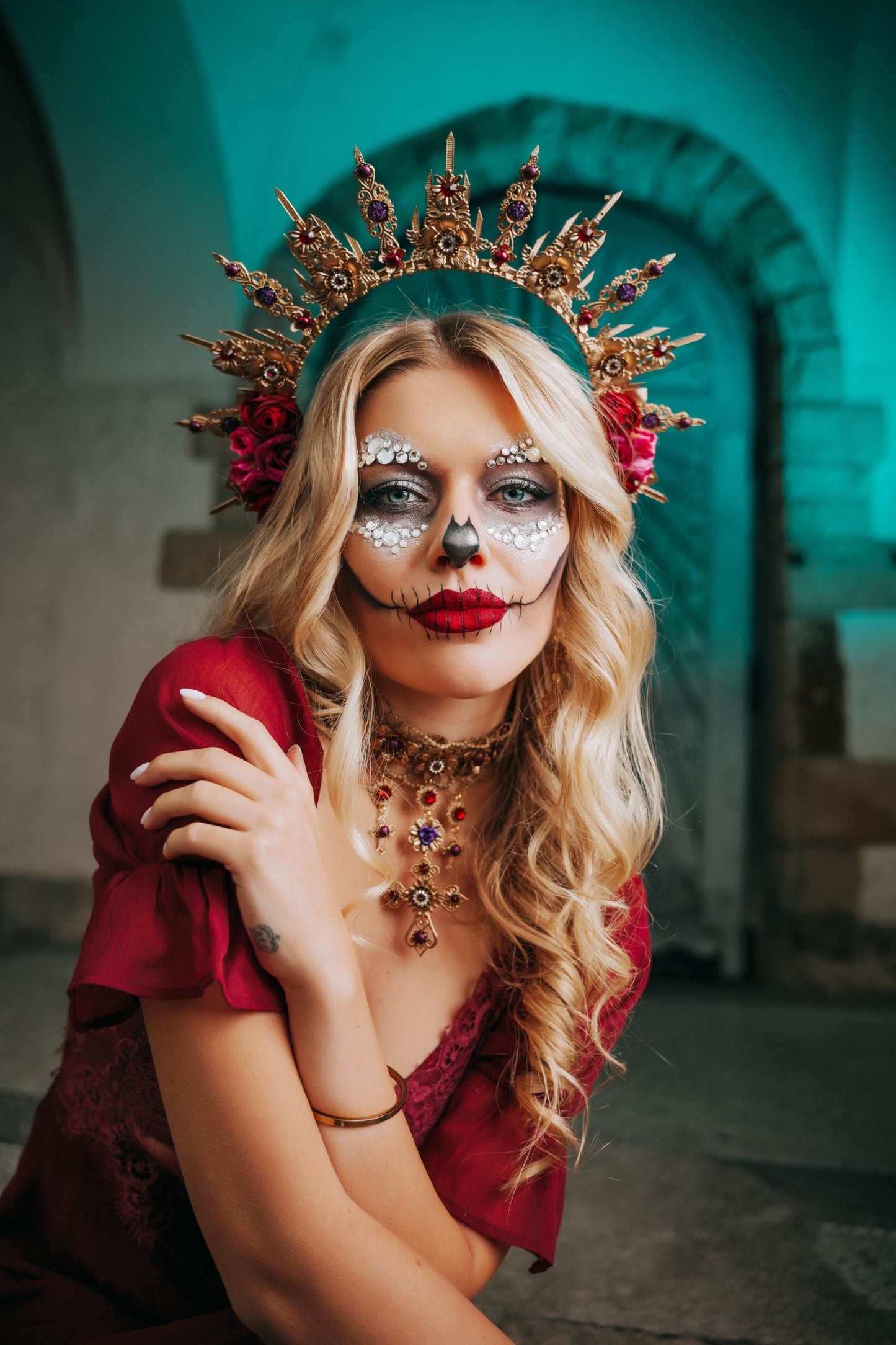 La Catrina Sacred Heart Earrings, Día de los Muertos Jewelry, Burgundy Purple Gold Catrina Statement Earrings