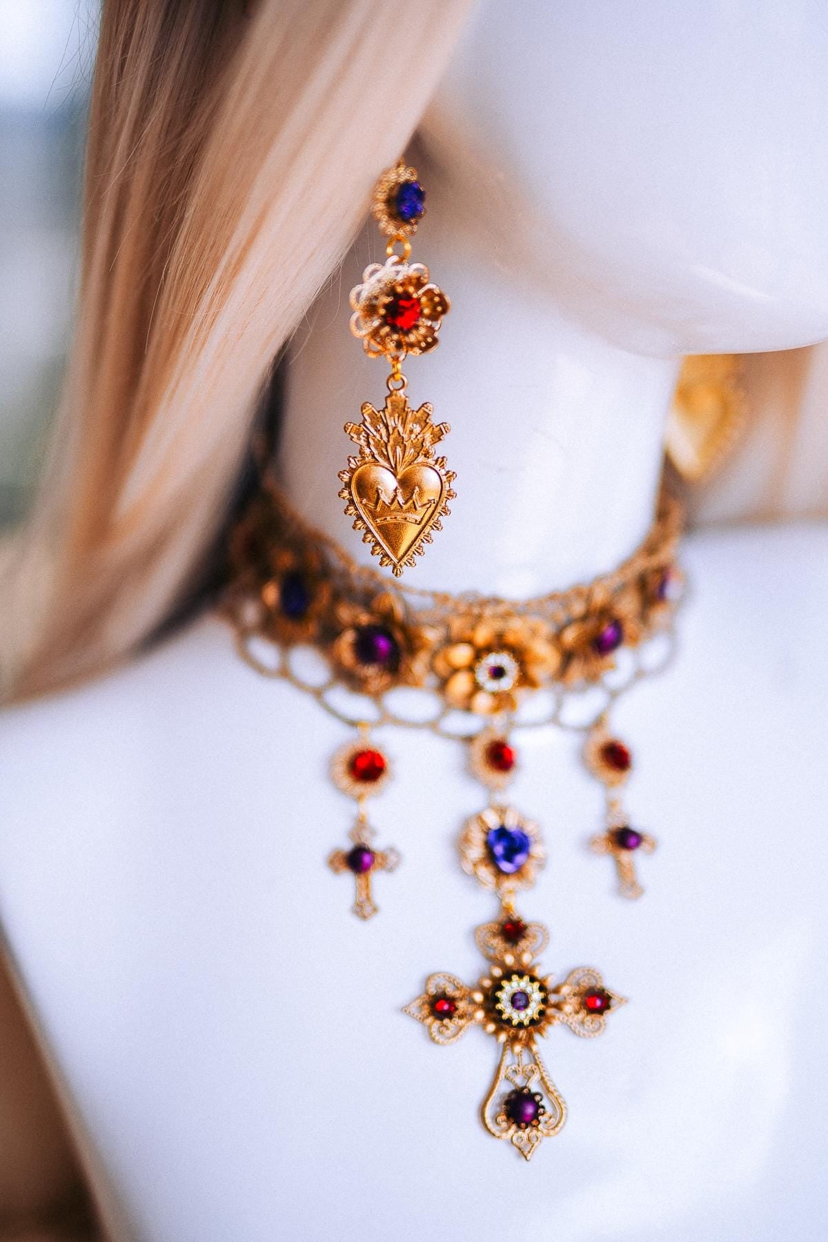 La Catrina Sacred Heart Earrings, Día de los Muertos Jewelry, Burgundy Purple Gold Catrina Statement Earrings