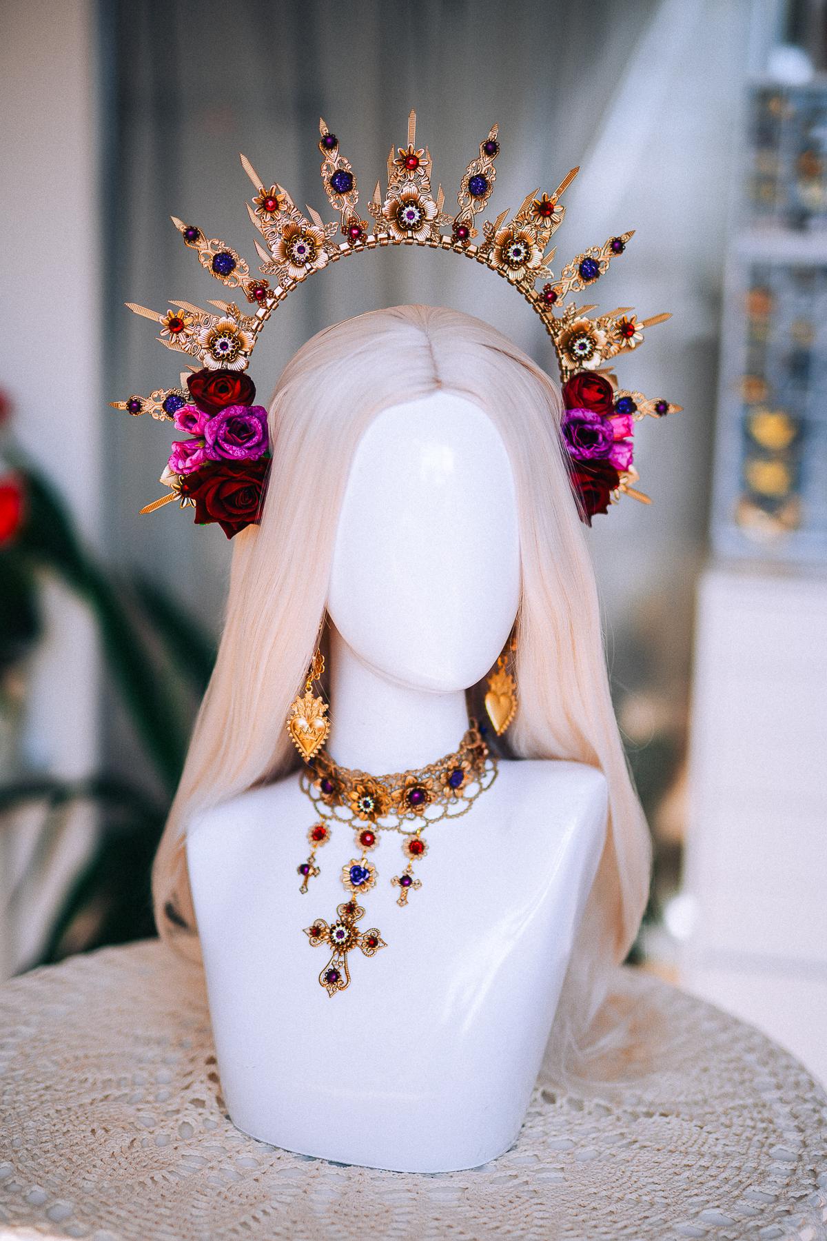 La Catrina Sacred Heart Earrings, Día de los Muertos Jewelry, Burgundy Purple Gold Catrina Statement Earrings