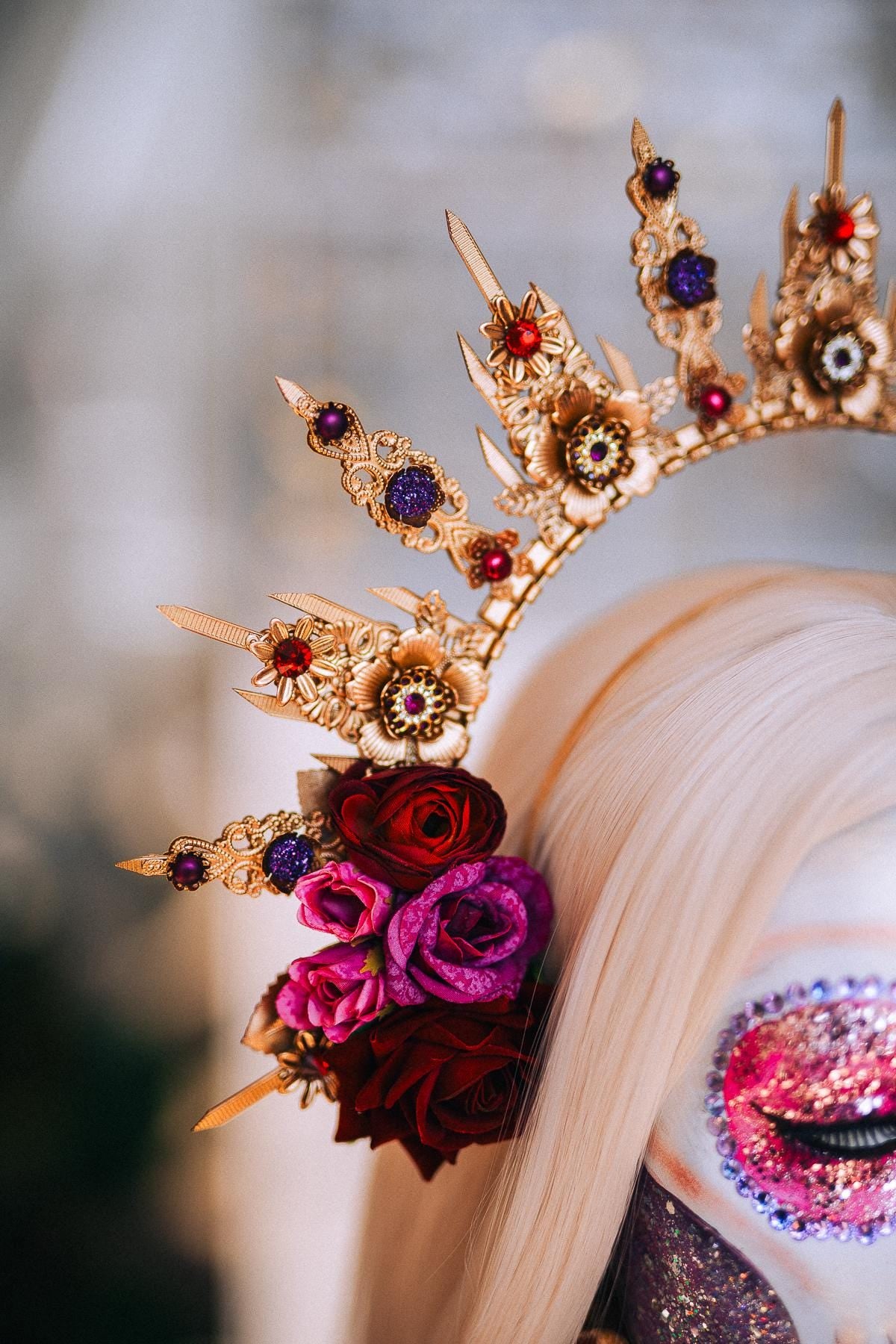 La Catrina Sacred Heart Earrings, Día de los Muertos Jewelry, Burgundy Purple Gold Catrina Statement Earrings