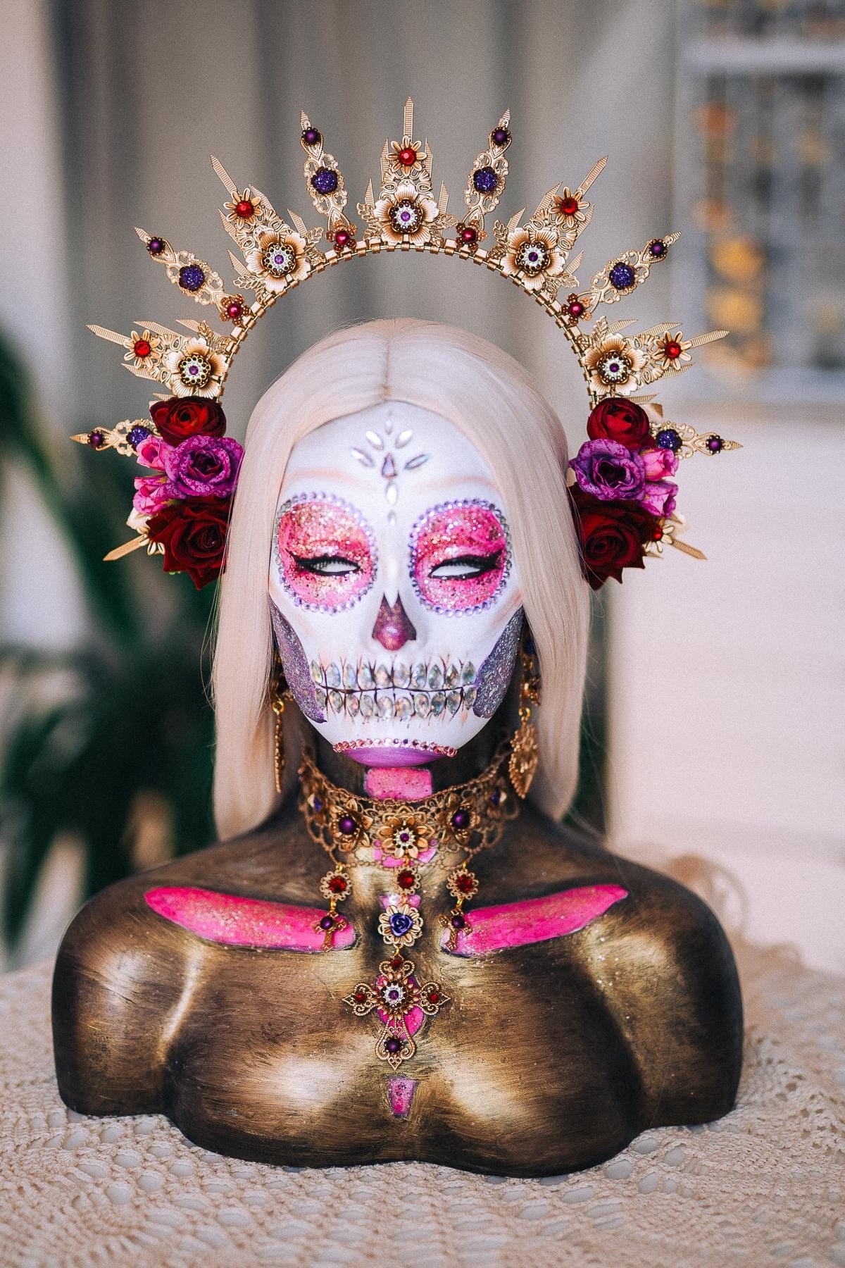 La Catrina Sacred Heart Earrings, Día de los Muertos Jewelry, Burgundy Purple Gold Catrina Statement Earrings