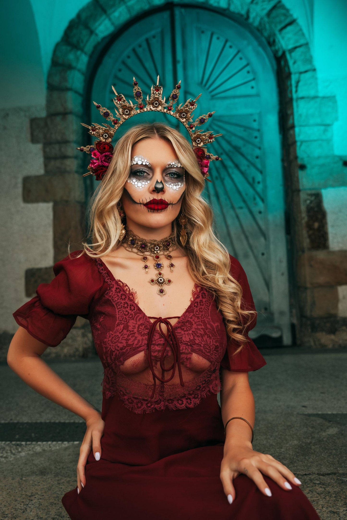La Catrina Choker Necklace, Día de los Muertos Jewelry, Burgundy Purple Gold Sacred Heart Statement Collar