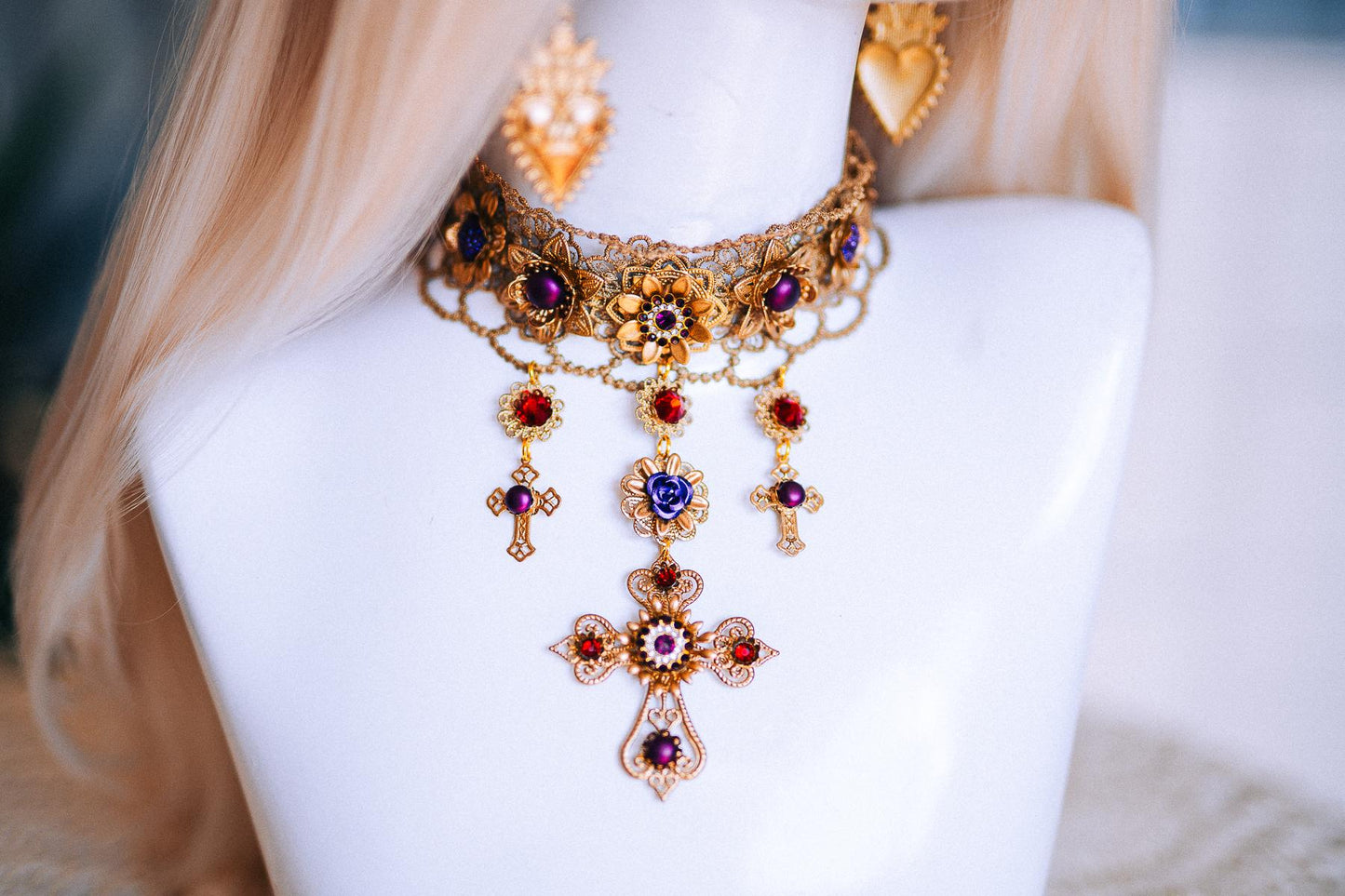 La Catrina Choker Necklace, Día de los Muertos Jewelry, Burgundy Purple Gold Sacred Heart Statement Collar