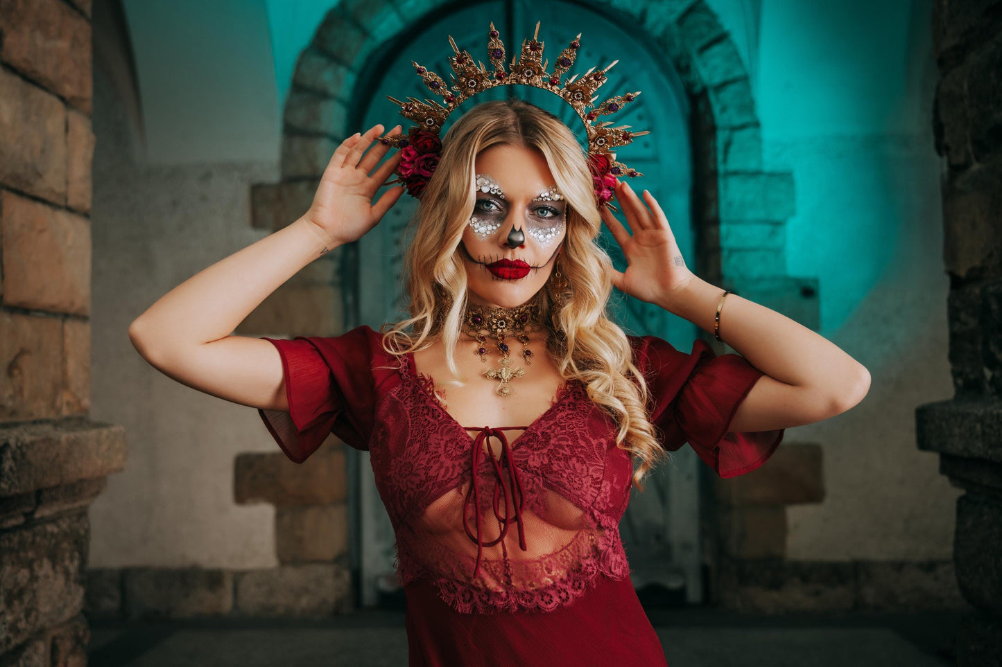 La Catrina Halo Crown, Día de los Muertos Headpiece, Burgundy Rose Gold Crown, Purple Catrina Headdress