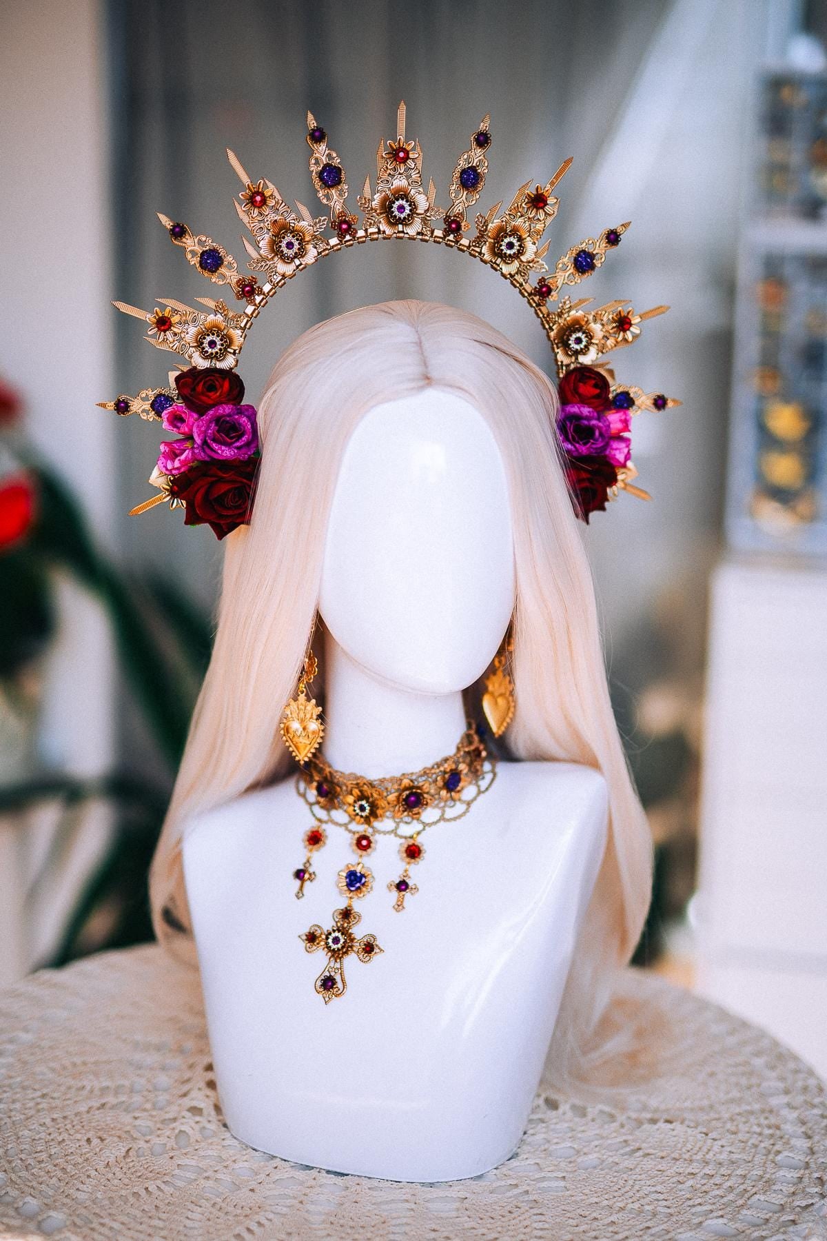 La Catrina Halo Crown, Día de los Muertos Headpiece, Burgundy Rose Gold Crown, Purple Catrina Headdress