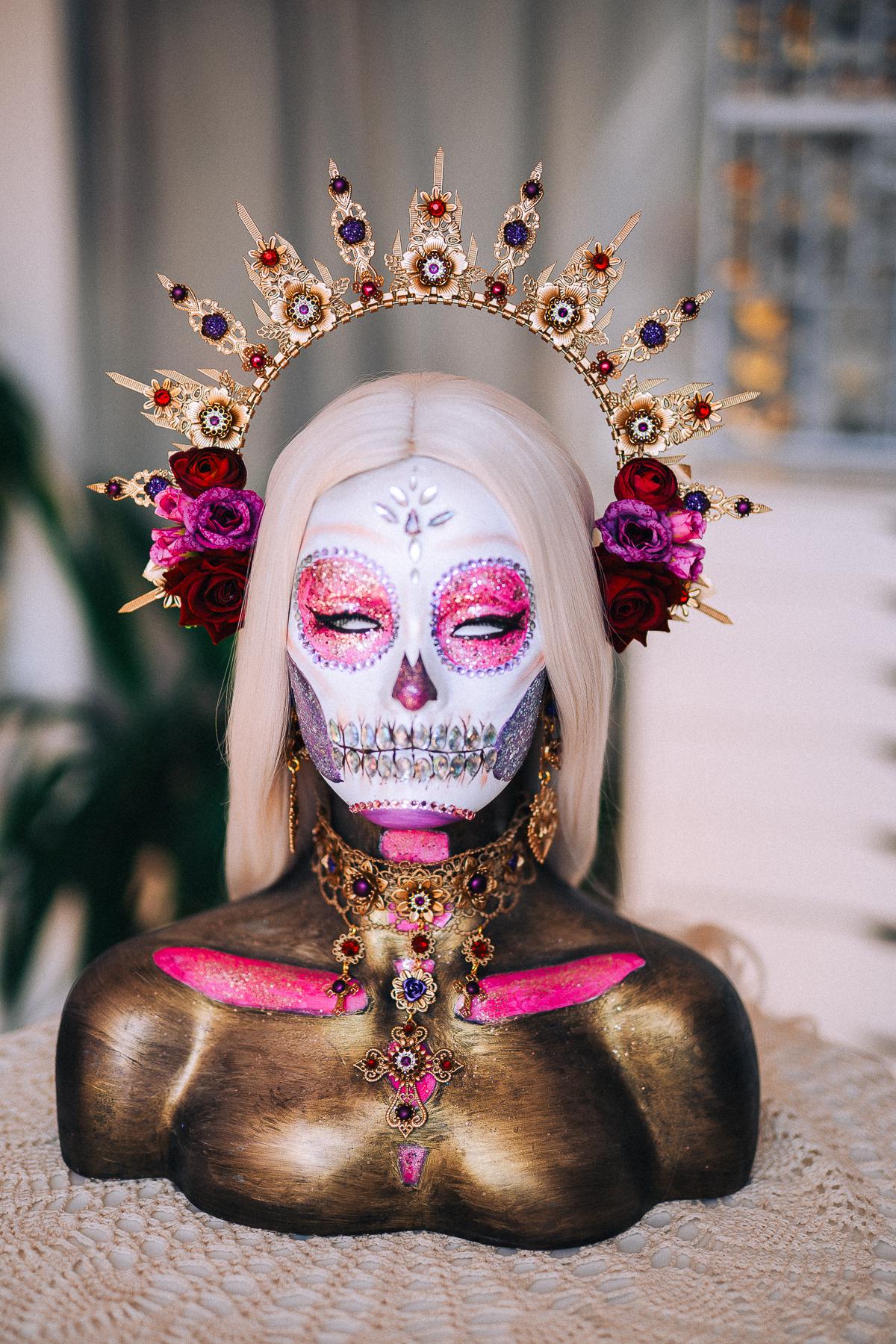 La Catrina Halo Crown, Día de los Muertos Headpiece, Burgundy Rose Gold Crown, Purple Catrina Headdress