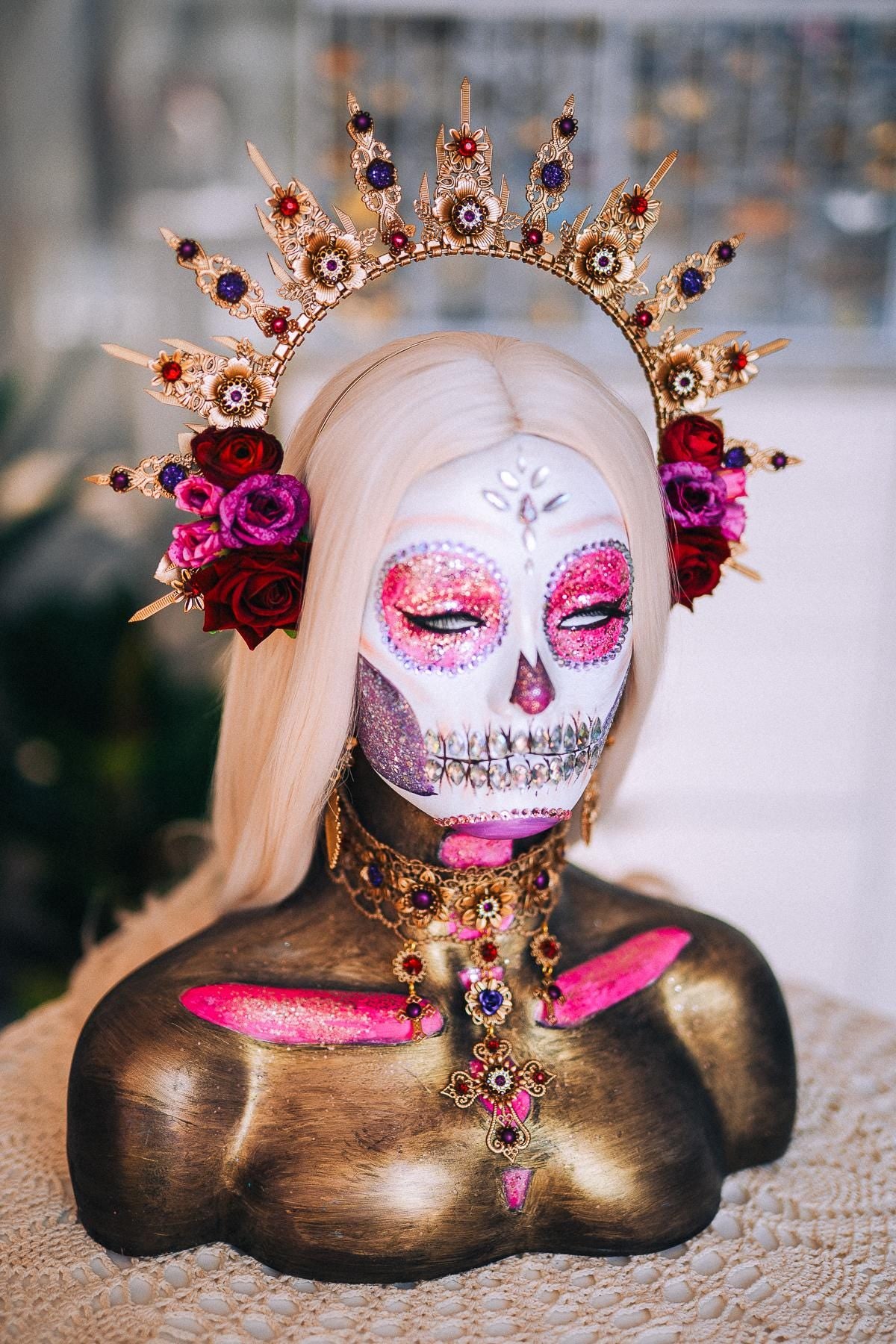 La Catrina Halo Crown, Día de los Muertos Headpiece, Burgundy Rose Gold Crown, Purple Catrina Headdress