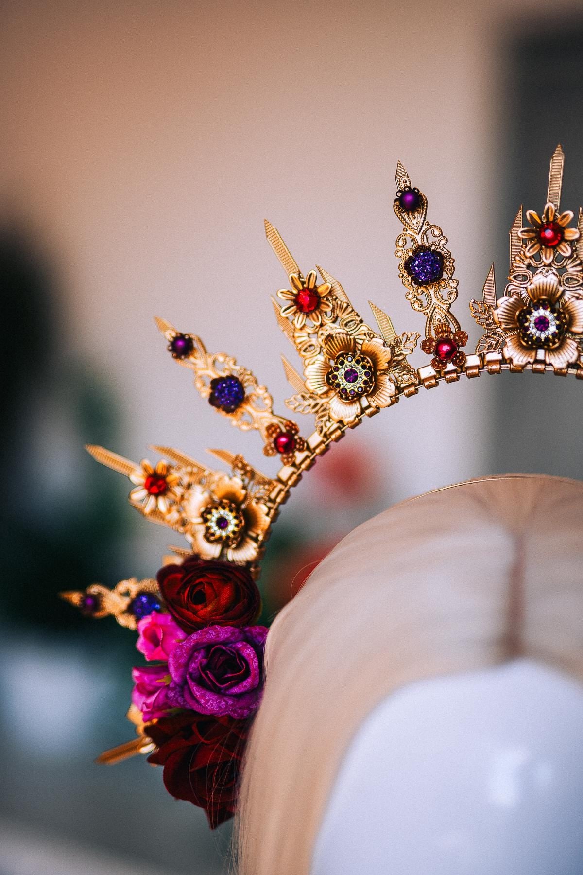 La Catrina Halo Crown, Día de los Muertos Headpiece, Burgundy Rose Gold Crown, Purple Catrina Headdress