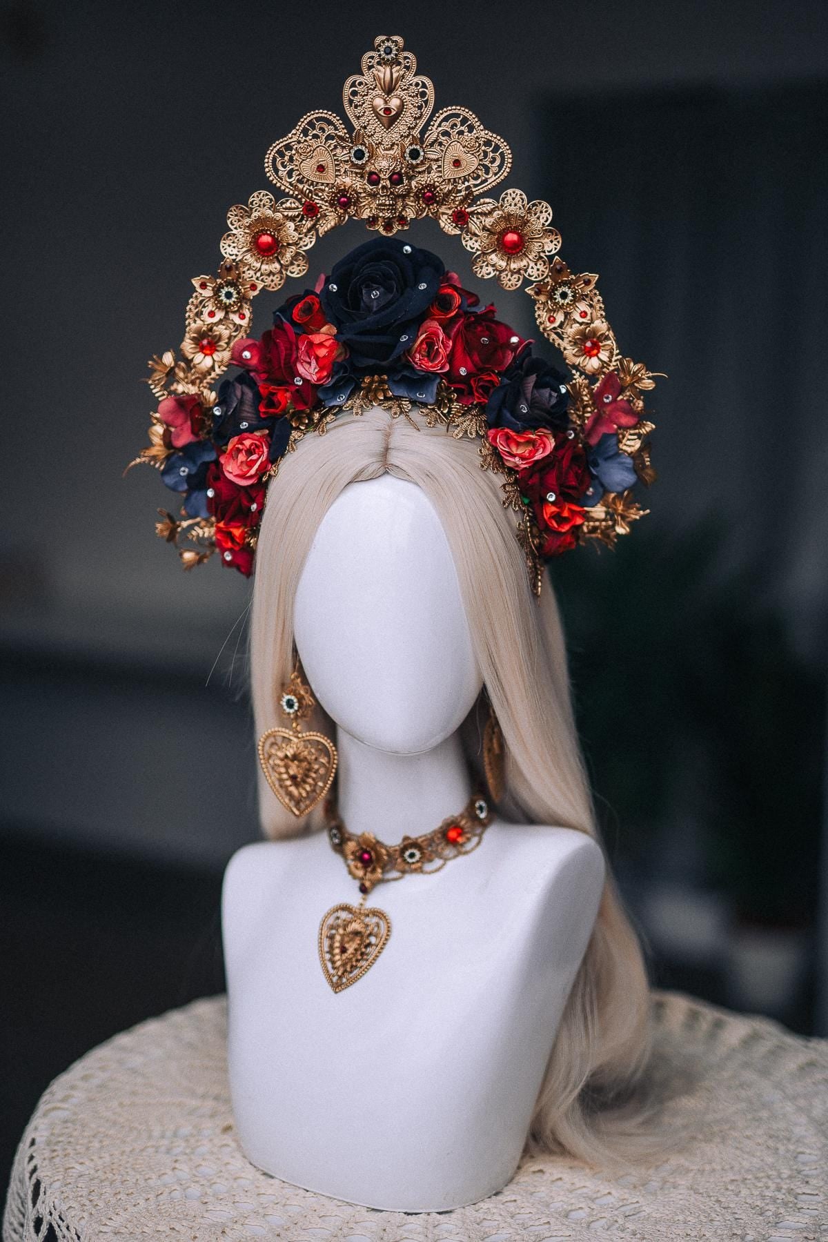 La Catrina Sacred Heart Choker, Día de los Muertos Necklace, Antique Gold Statement Jewelry, Red Catrina Necklace
