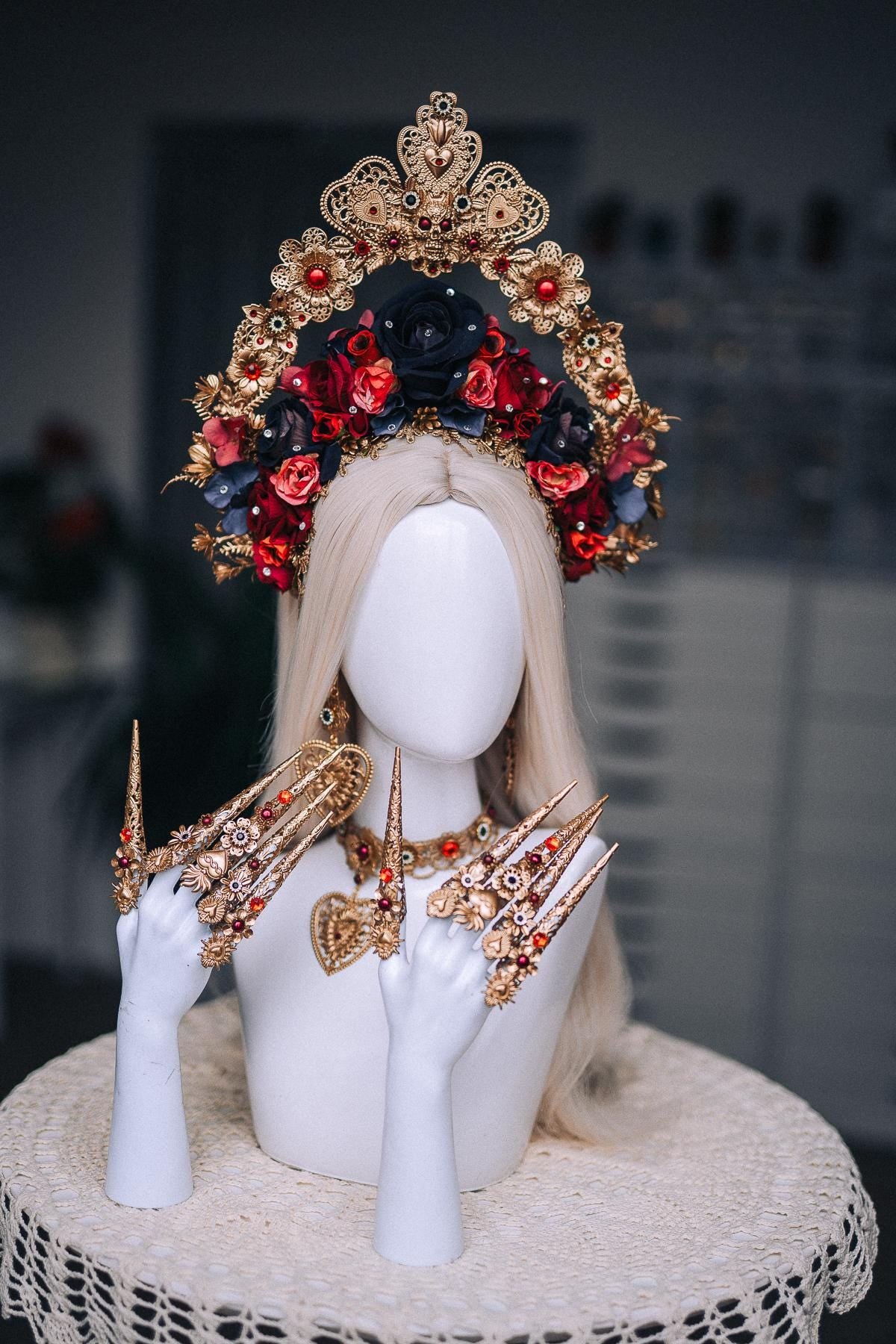 La Catrina Sacred Heart Choker, Día de los Muertos Necklace, Antique Gold Statement Jewelry, Red Catrina Necklace