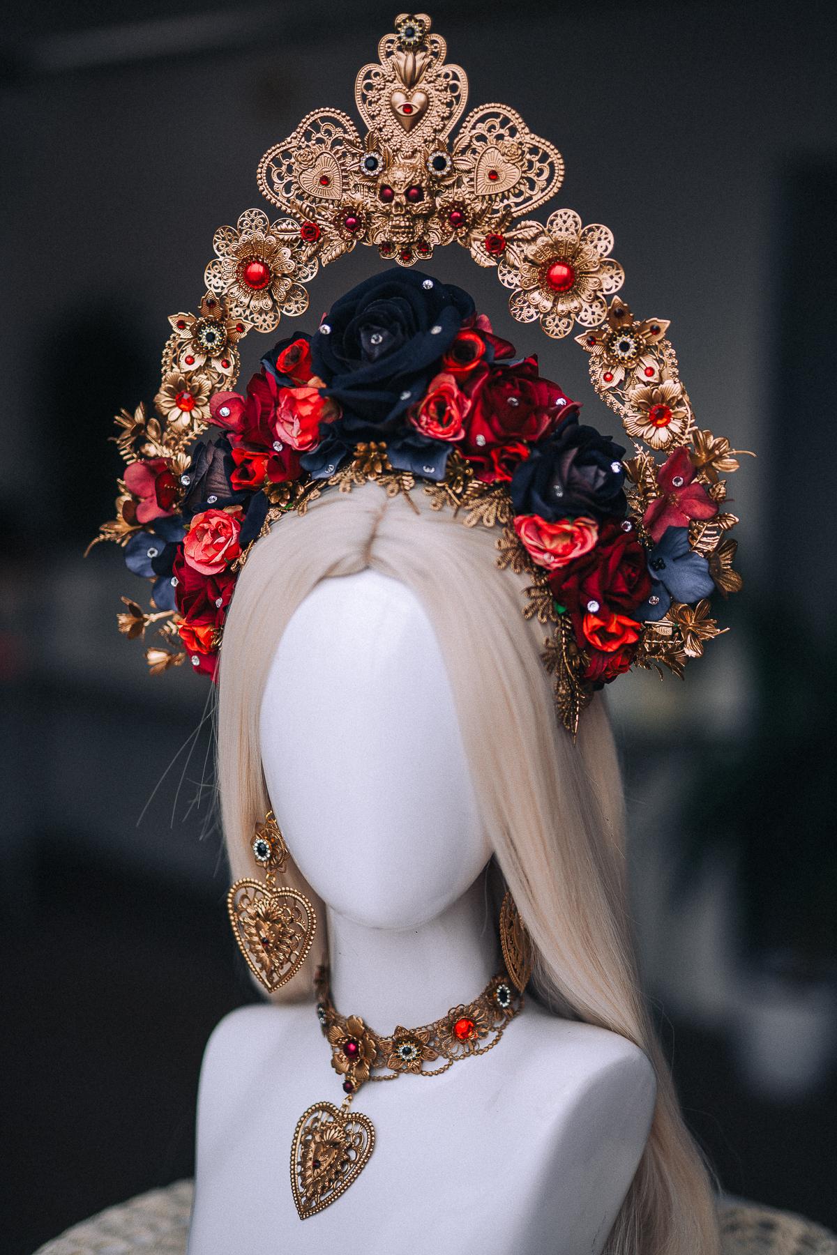 La Catrina Sacred Heart Choker, Día de los Muertos Necklace, Antique Gold Statement Jewelry, Red Catrina Necklace