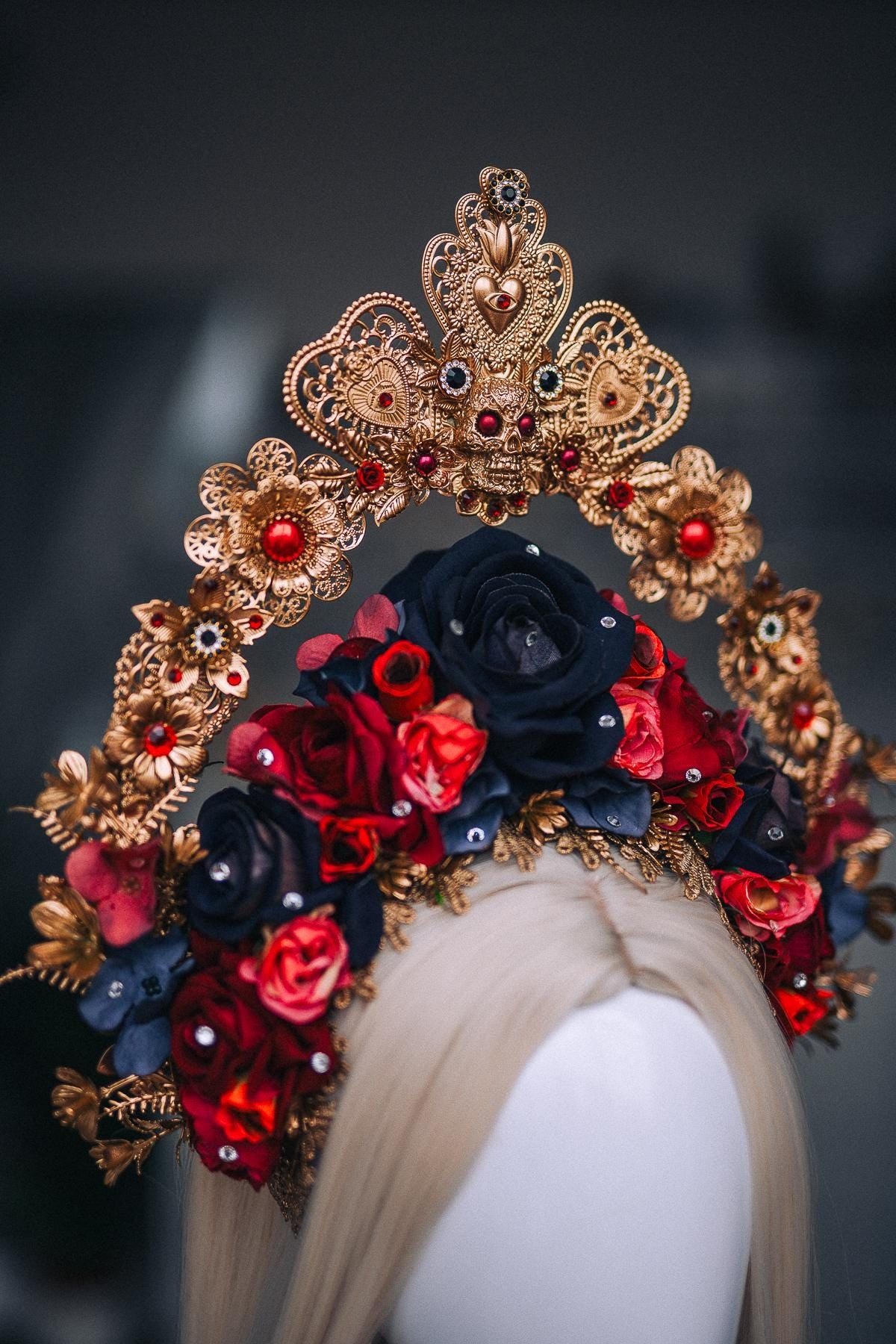 La Catrina Sacred Heart Choker, Día de los Muertos Necklace, Antique Gold Statement Jewelry, Red Catrina Necklace