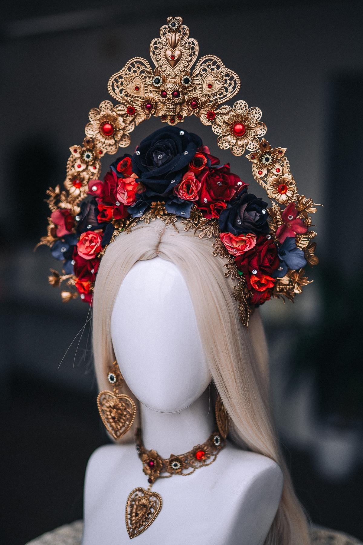 La Catrina Sacred Heart Choker, Día de los Muertos Necklace, Antique Gold Statement Jewelry, Red Catrina Necklace
