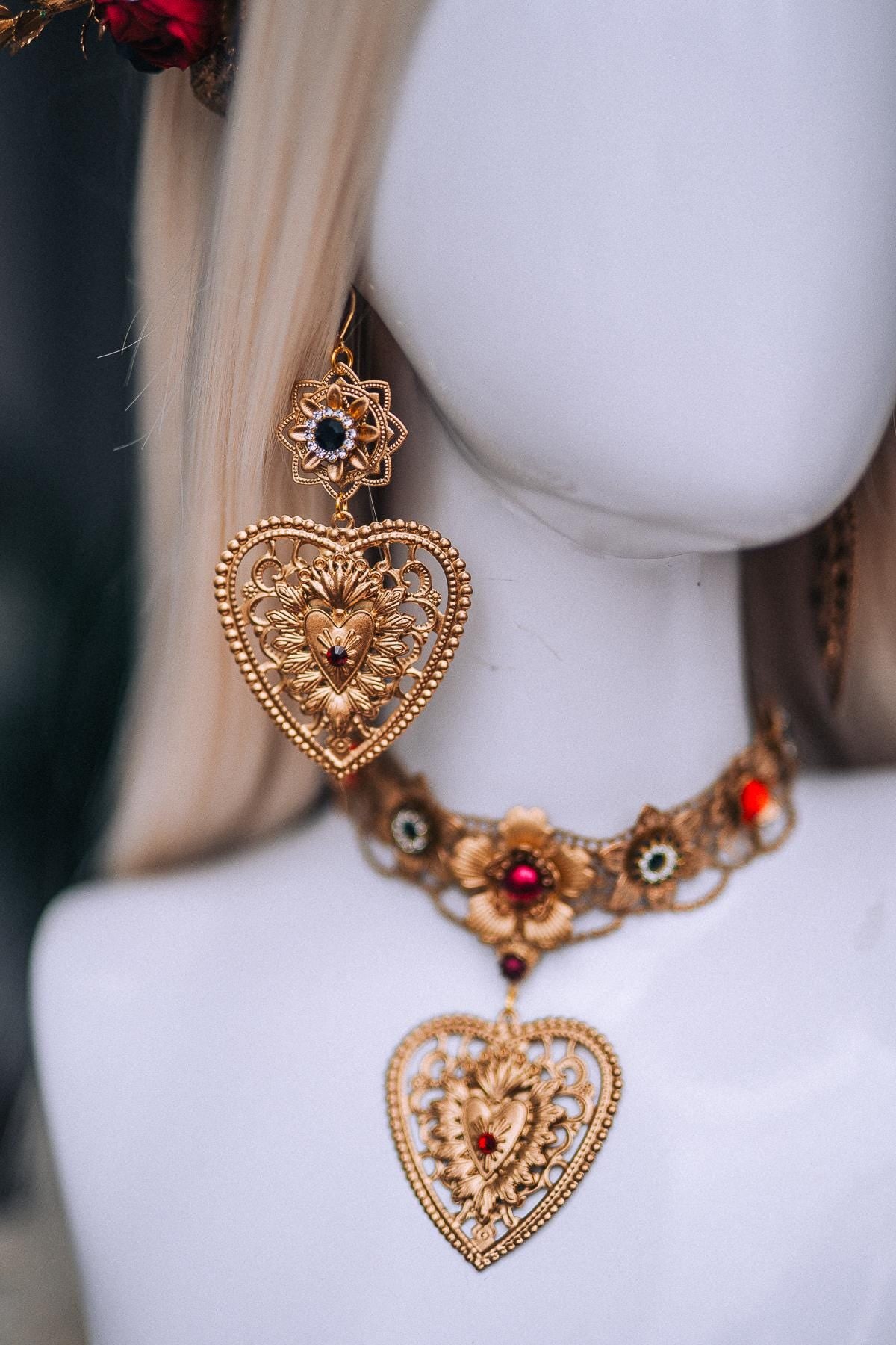 La Catrina Floral Crown, Día de los Muertos Headpiece, Red Black Gold Sacred Heart Crown, Catrina Headdress