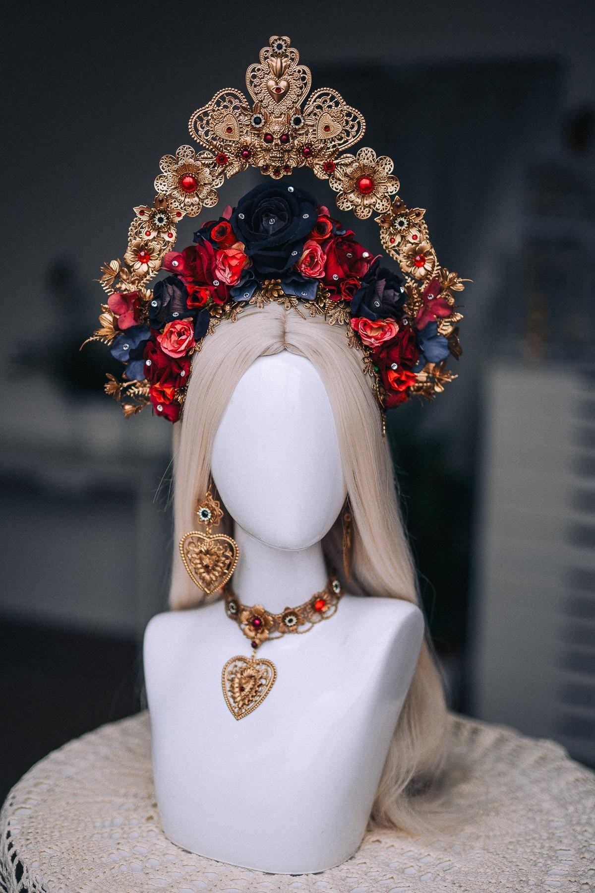 La Catrina Floral Crown, Día de los Muertos Headpiece, Red Black Gold Sacred Heart Crown, Catrina Headdress