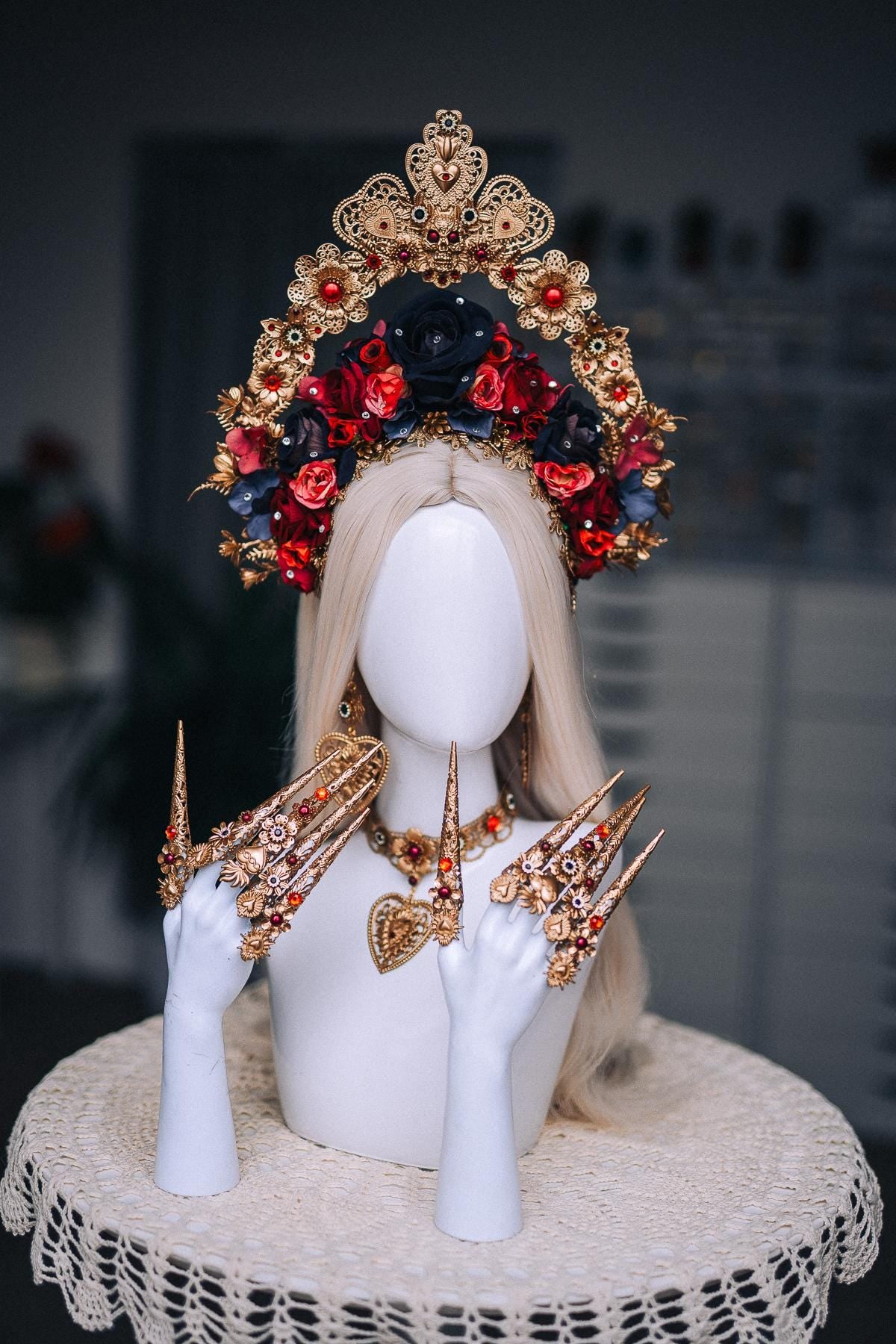 La Catrina Floral Crown, Día de los Muertos Headpiece, Red Black Gold Sacred Heart Crown, Catrina Headdress