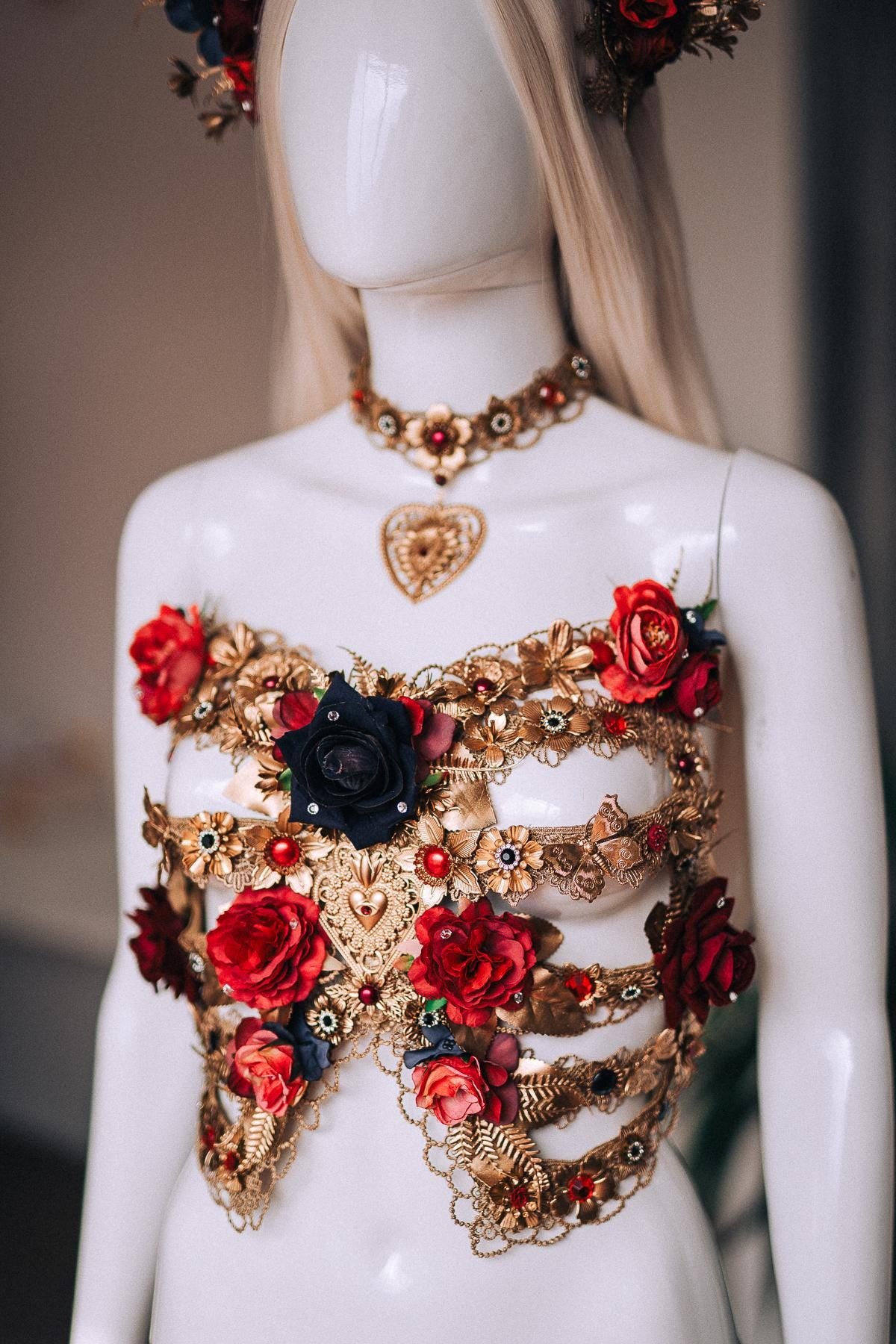 La Catrina Floral Crown, Día de los Muertos Headpiece, Red Black Gold Sacred Heart Crown, Catrina Headdress