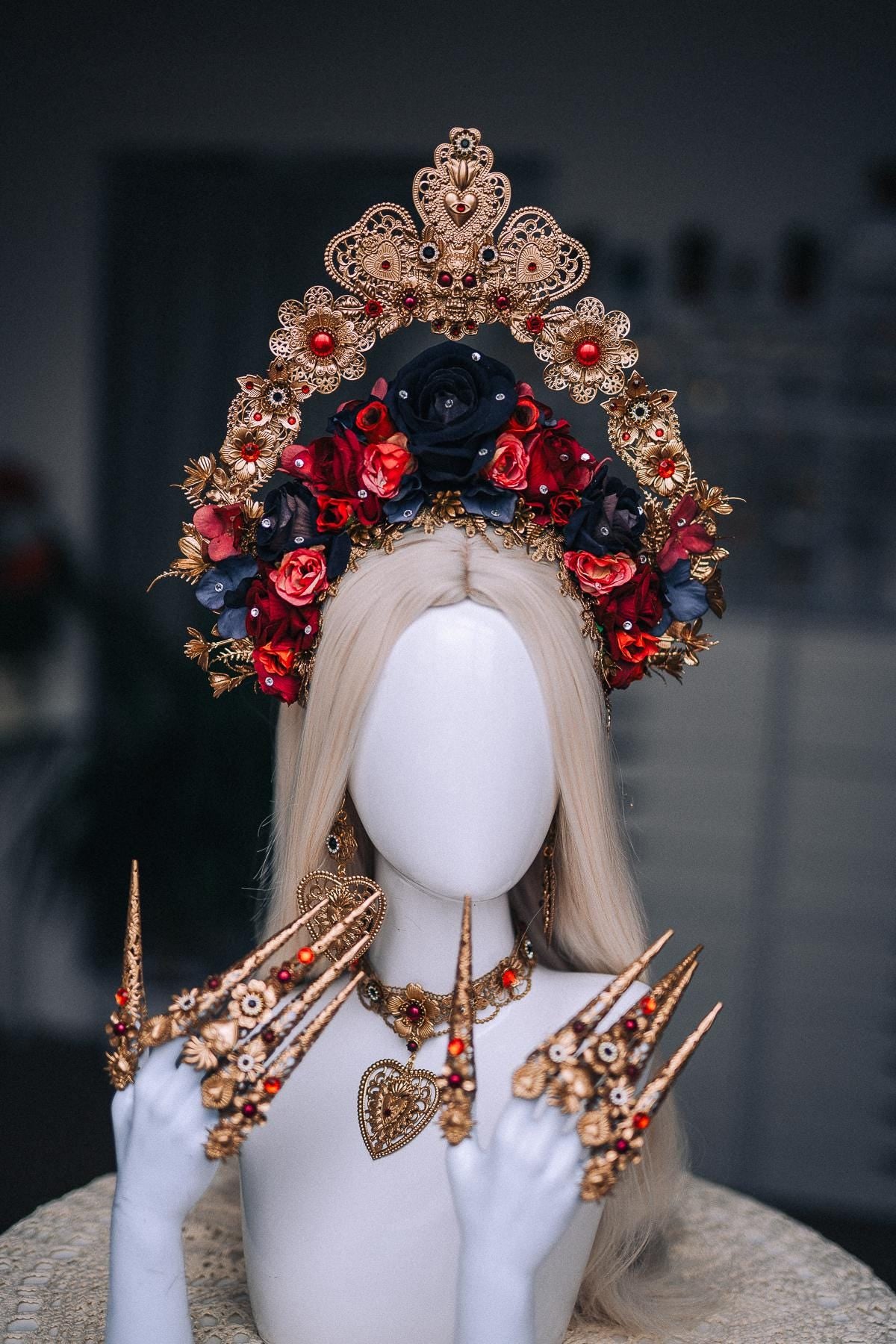 La Catrina Floral Crown, Día de los Muertos Headpiece, Red Black Gold Sacred Heart Crown, Catrina Headdress