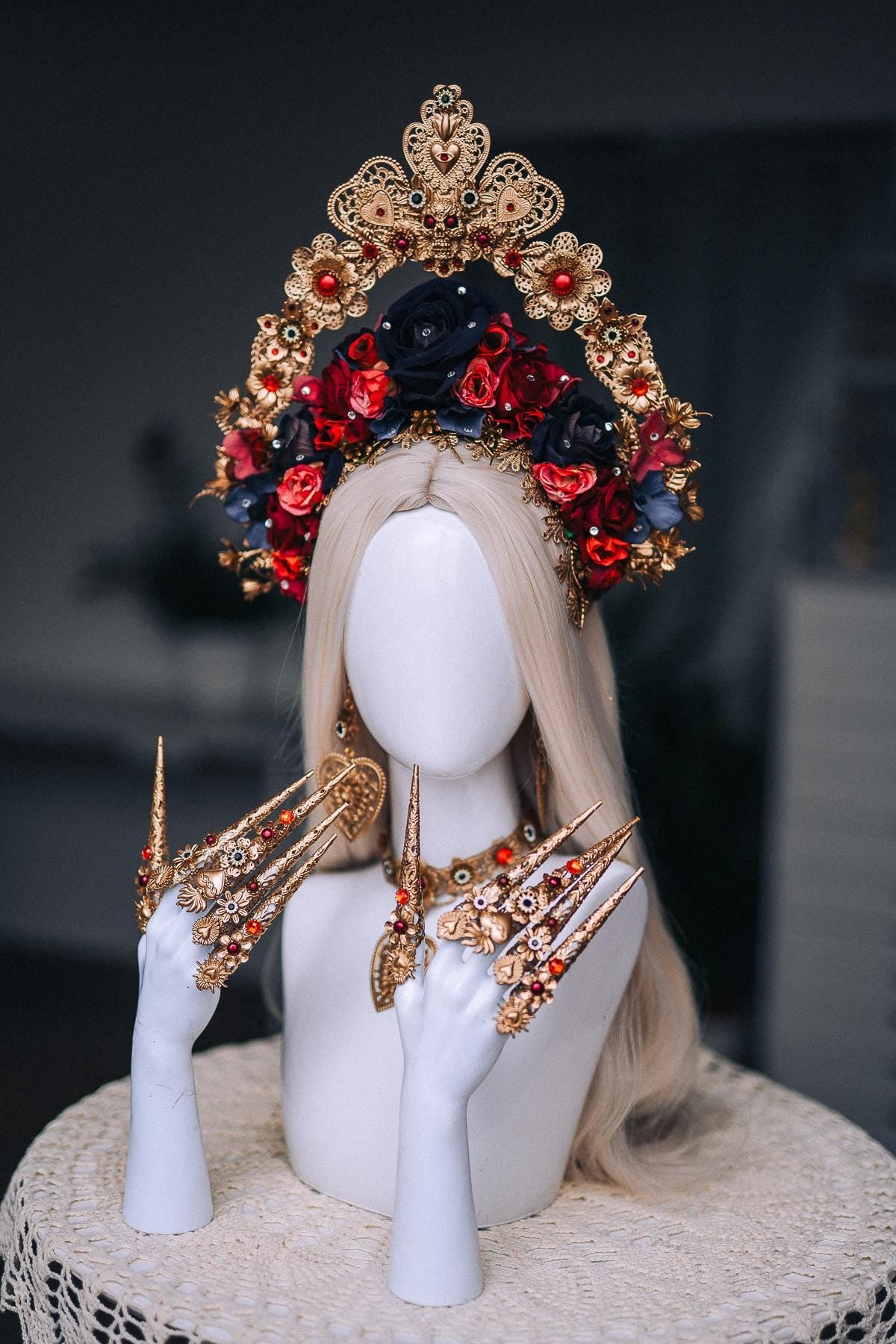 La Catrina Floral Crown, Día de los Muertos Headpiece, Red Black Gold Sacred Heart Crown, Catrina Headdress