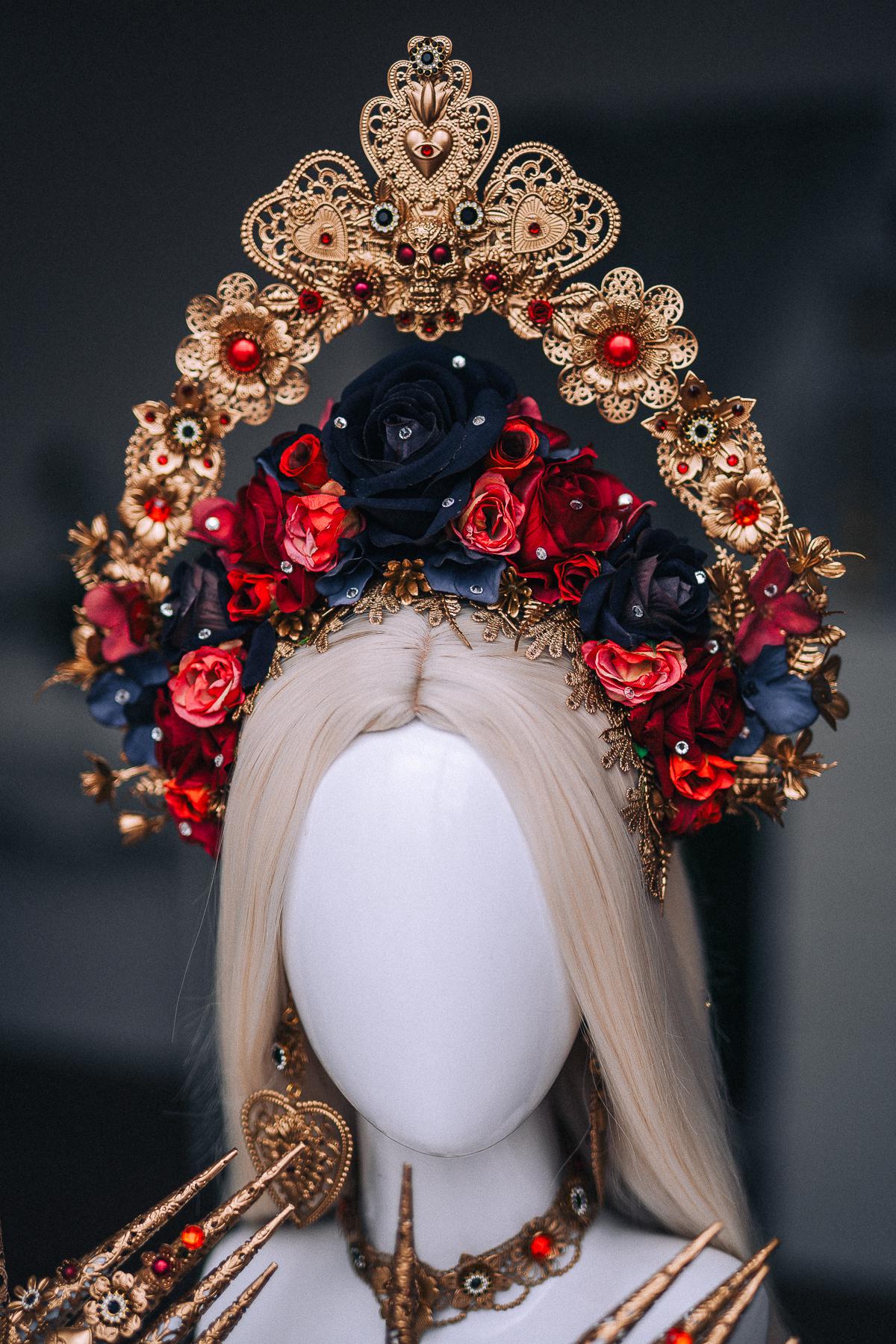 La Catrina Floral Crown, Día de los Muertos Headpiece, Red Black Gold Sacred Heart Crown, Catrina Headdress