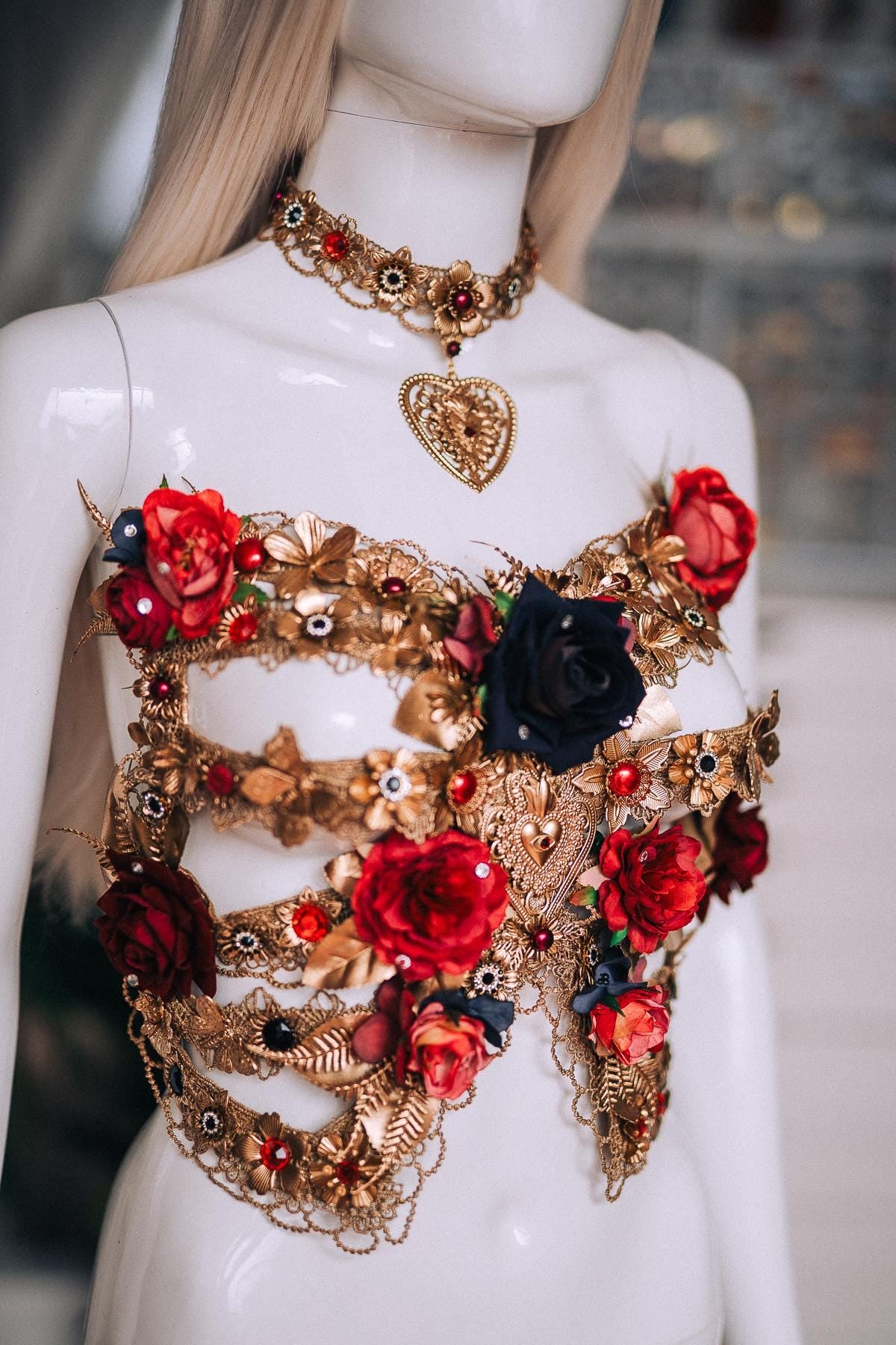 La Catrina Floral Crown, Día de los Muertos Headpiece, Red Black Gold Sacred Heart Crown, Catrina Headdress