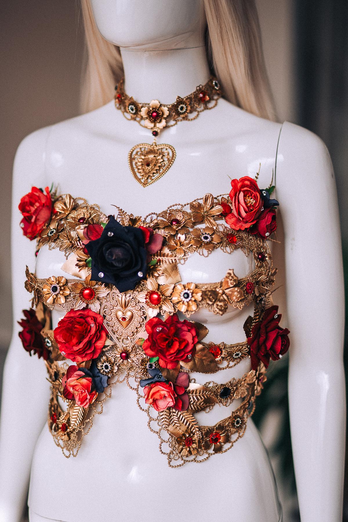 La Catrina Rib Corset, Día de los Muertos Body Jewelry, Gold Skeleton Rib Cage, Red Black Sacred Heart Body Piece