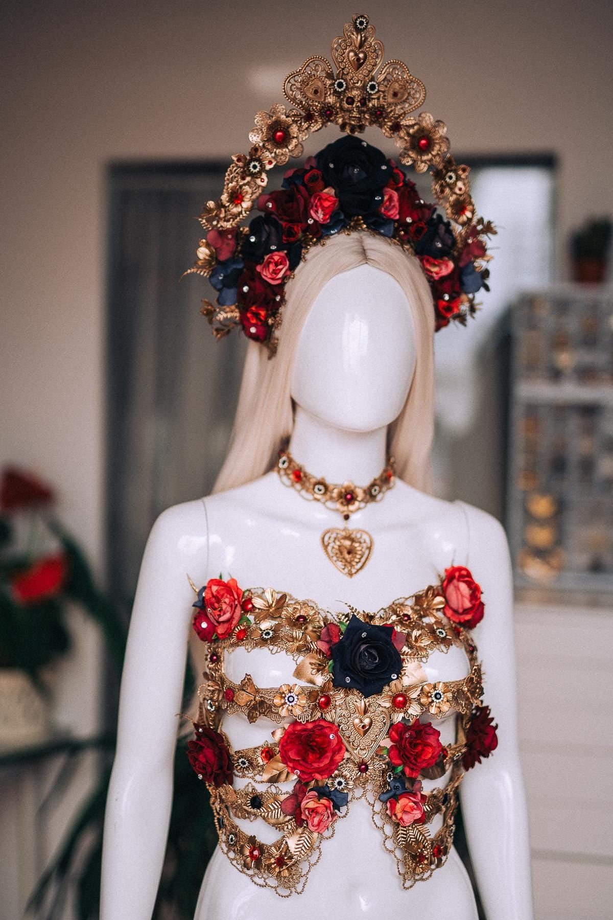 La Catrina Rib Corset, Día de los Muertos Body Jewelry, Gold Skeleton Rib Cage, Red Black Sacred Heart Body Piece