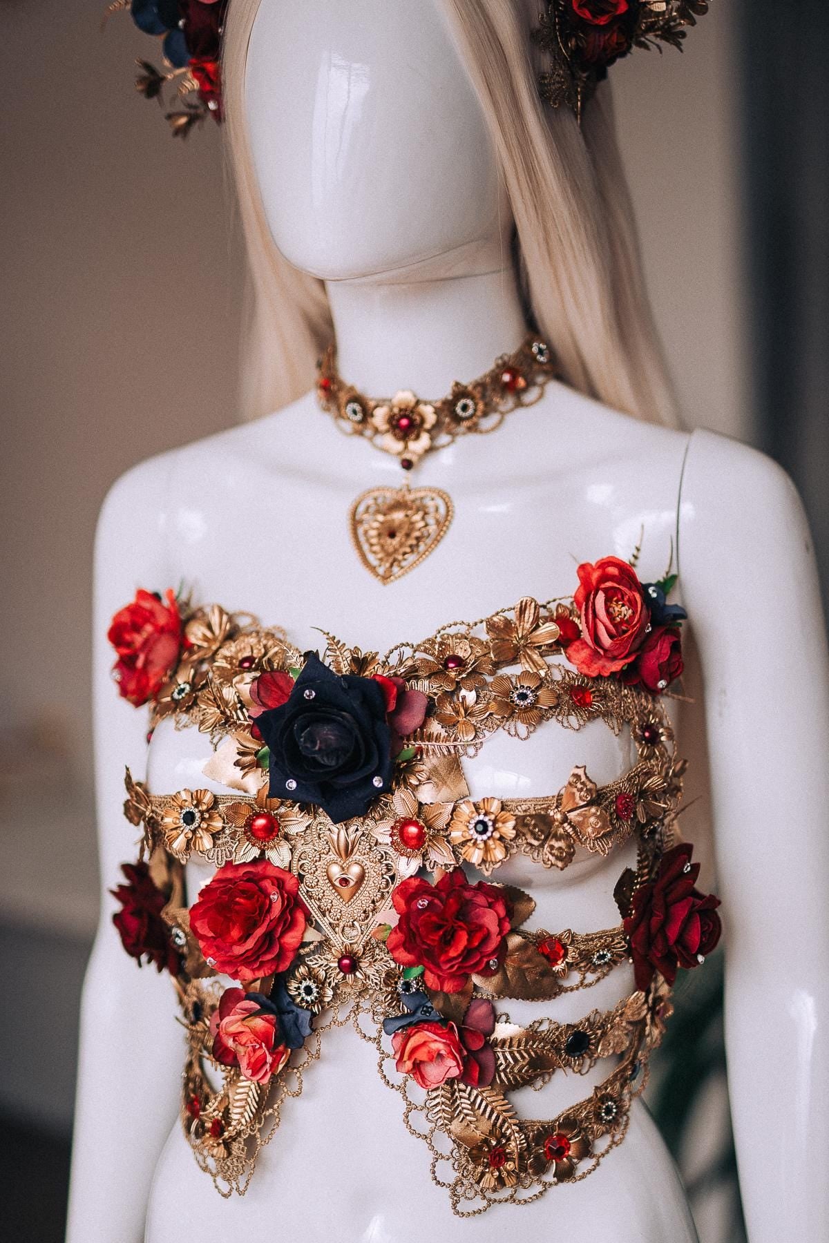 La Catrina Rib Corset, Día de los Muertos Body Jewelry, Gold Skeleton Rib Cage, Red Black Sacred Heart Body Piece