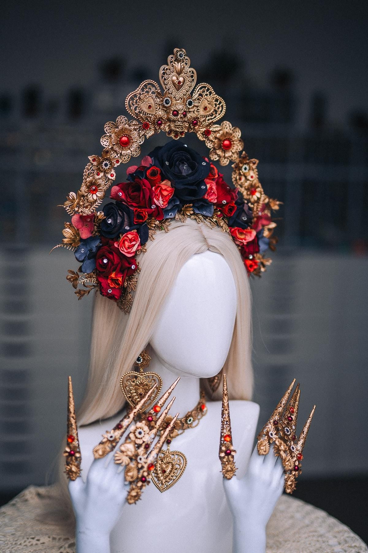 La Catrina Rib Corset, Día de los Muertos Body Jewelry, Gold Skeleton Rib Cage, Red Black Sacred Heart Body Piece