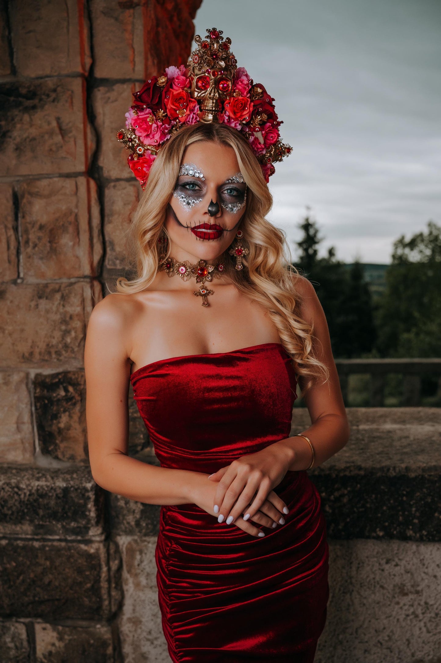 La Catrina Sacred Heart Earrings, Día de los Muertos Jewelry, Antique Gold Red Statement Earrings, Catrina Accessories
