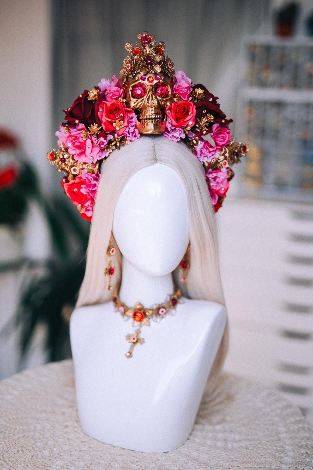 La Catrina Sacred Heart Earrings, Día de los Muertos Jewelry, Antique Gold Red Statement Earrings, Catrina Accessories