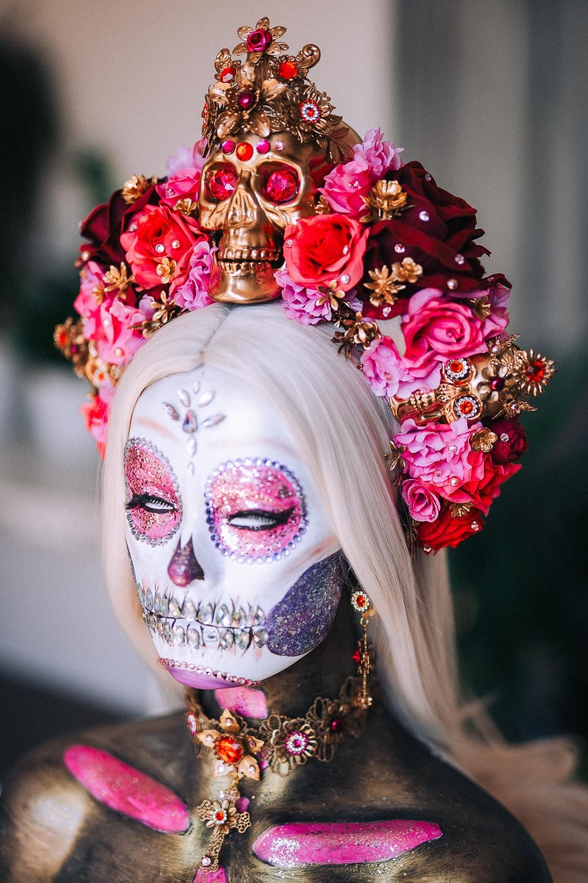 La Catrina Sacred Heart Earrings, Día de los Muertos Jewelry, Antique Gold Red Statement Earrings, Catrina Accessories