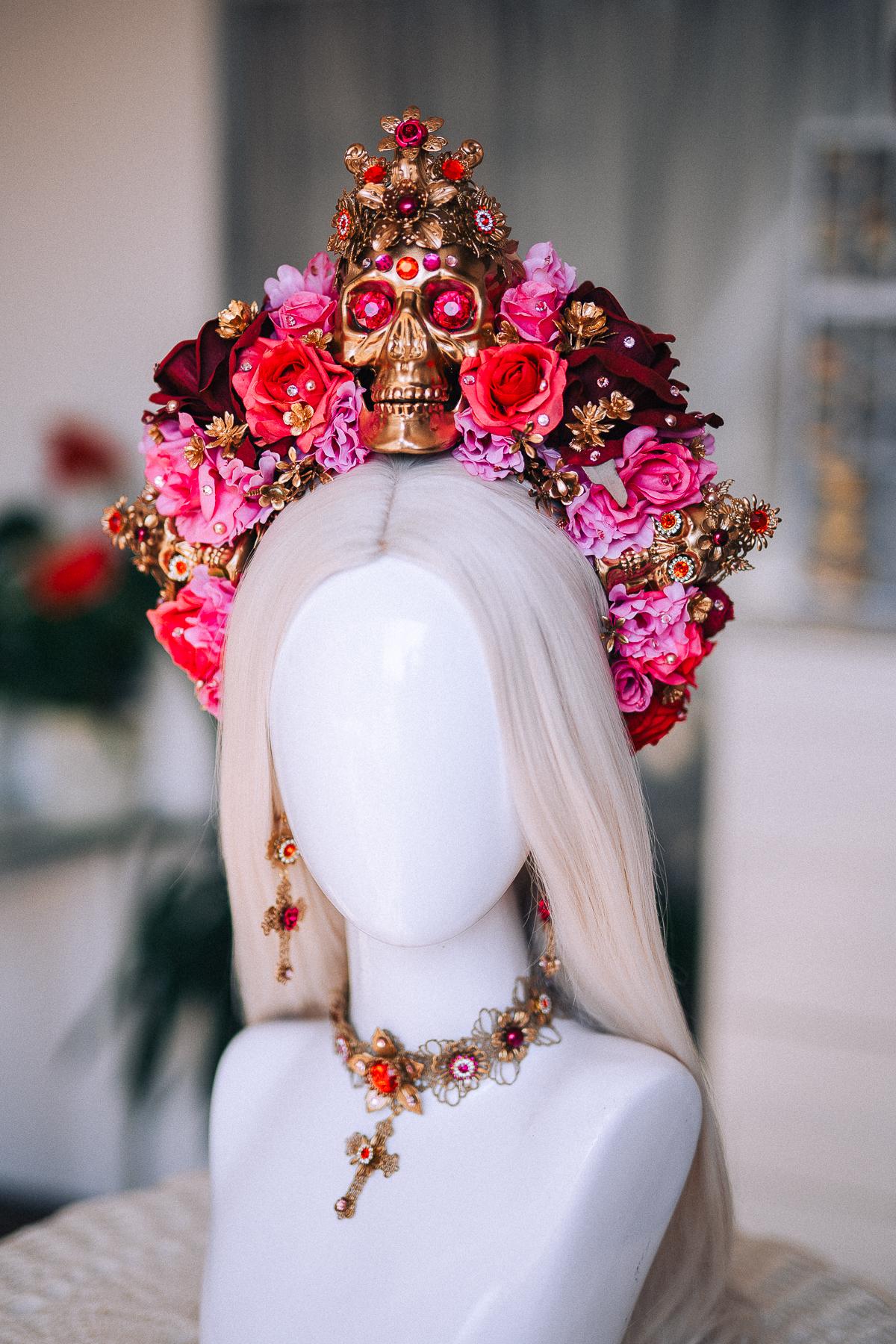 La Catrina Sacred Heart Earrings, Día de los Muertos Jewelry, Antique Gold Red Statement Earrings, Catrina Accessories