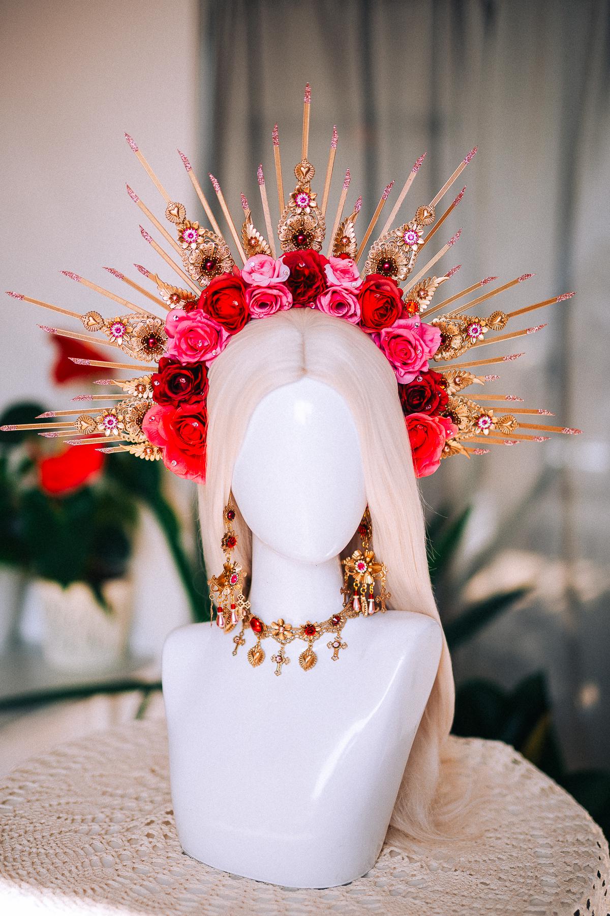 La Catrina Choker Necklace, Día de los Muertos Jewelry, Antique Gold Sacred Heart Choker, Red Catrina Necklace