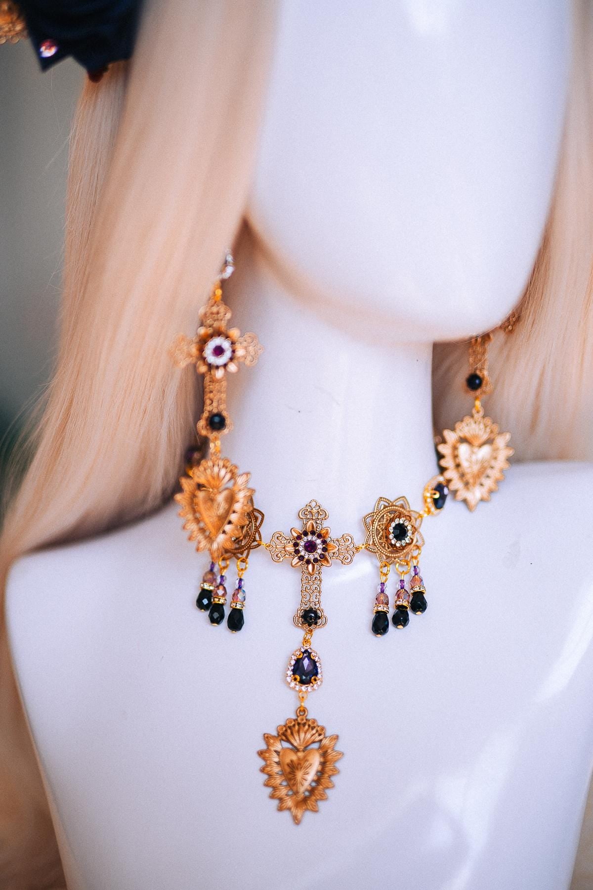La Catrina Statement Earrings, Día de los Muertos Jewelry, Antique Gold Sacred Heart Earrings, Black Catrina Jewelry
