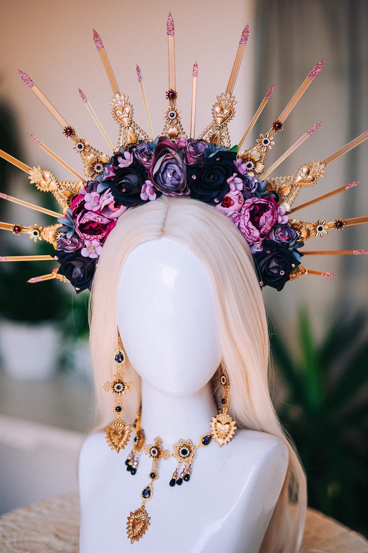 La Catrina Sacred Heart Choker, Día de los Muertos Necklace, Antique Gold Black Statement Jewelry, Catrina Necklace