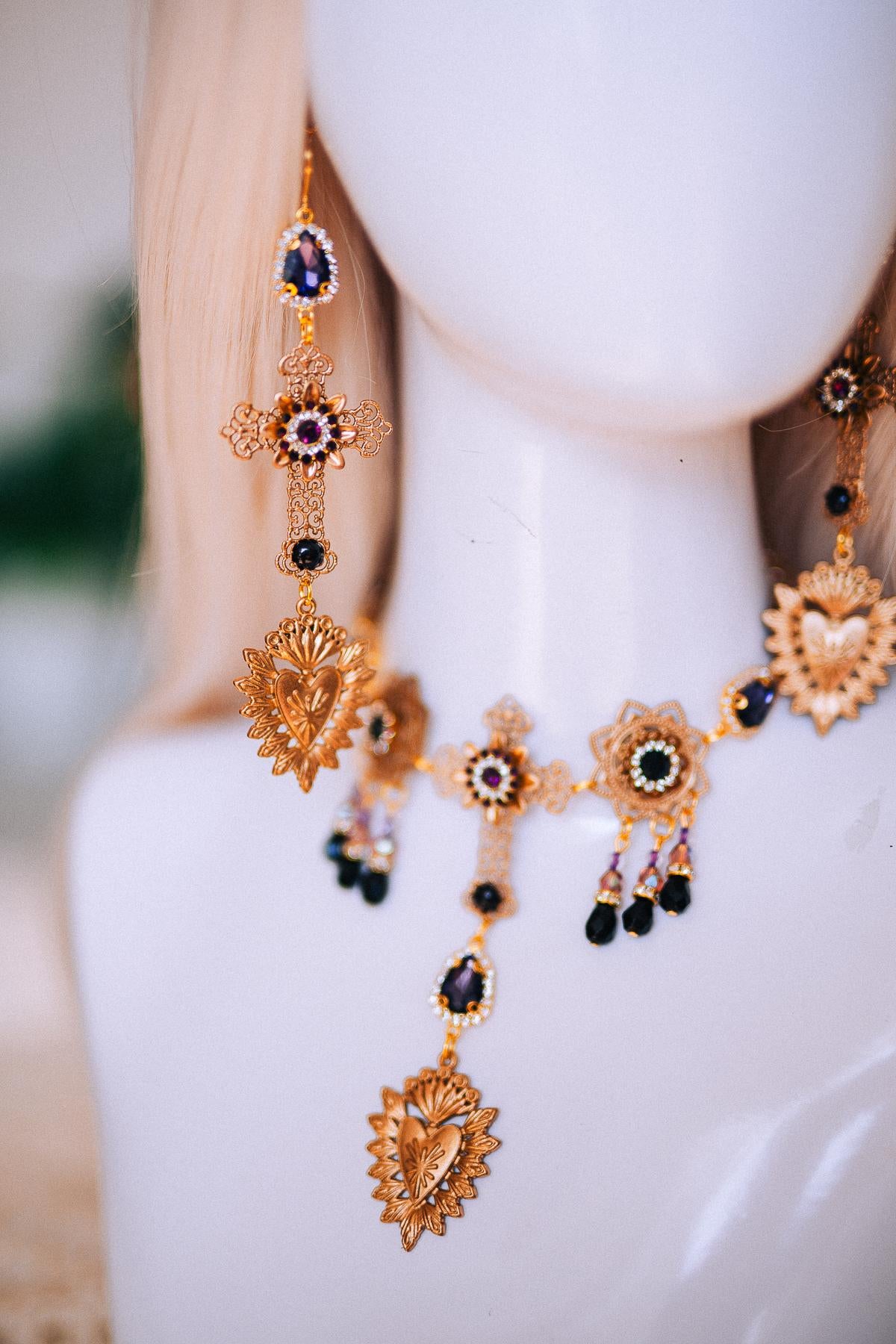 La Catrina Sacred Heart Choker, Día de los Muertos Necklace, Antique Gold Black Statement Jewelry, Catrina Necklace