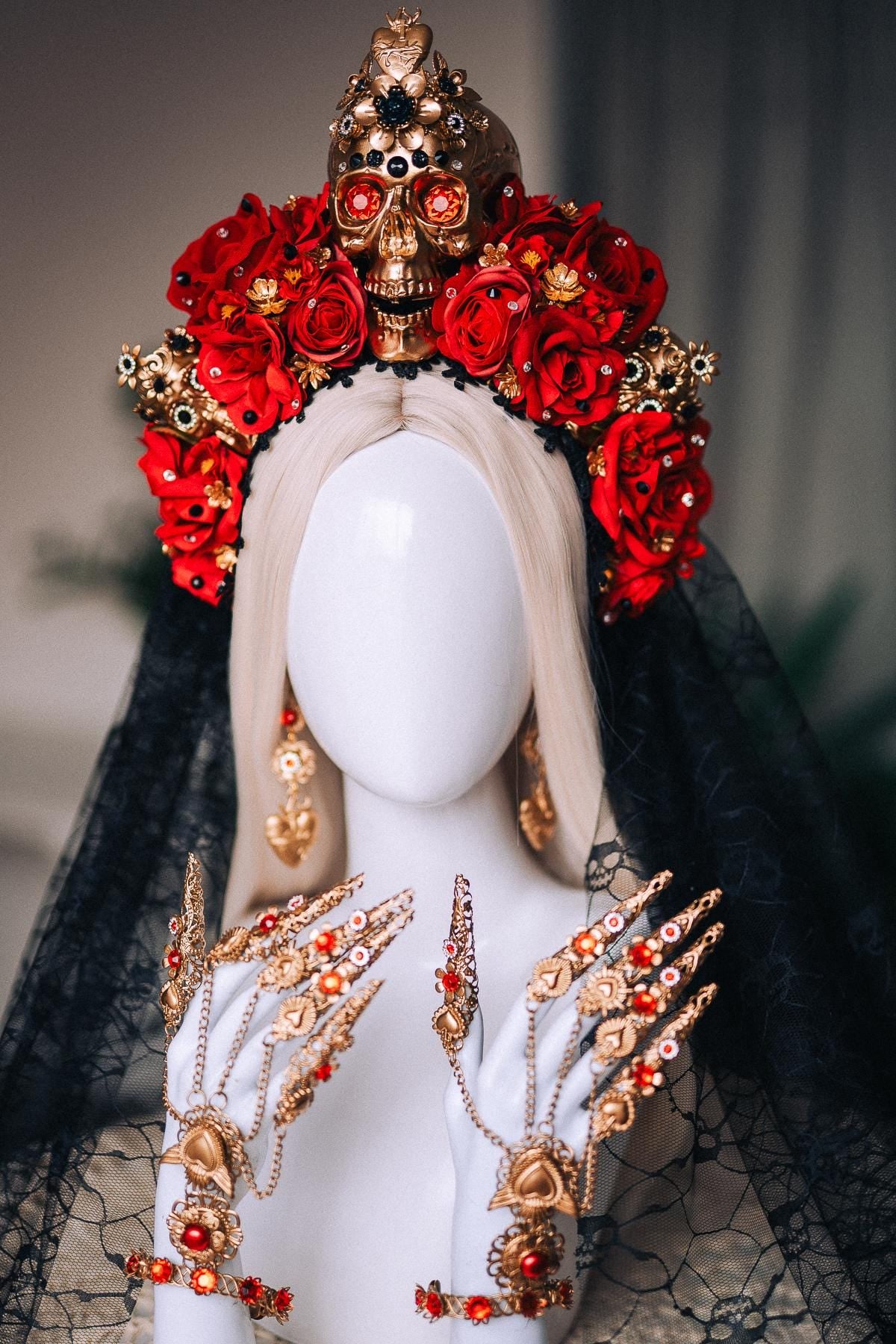 La Catrina Sacred Heart Earrings, Día de los Muertos Jewelry, Gold Statement Earrings, Red Crystal Catrina Accessories