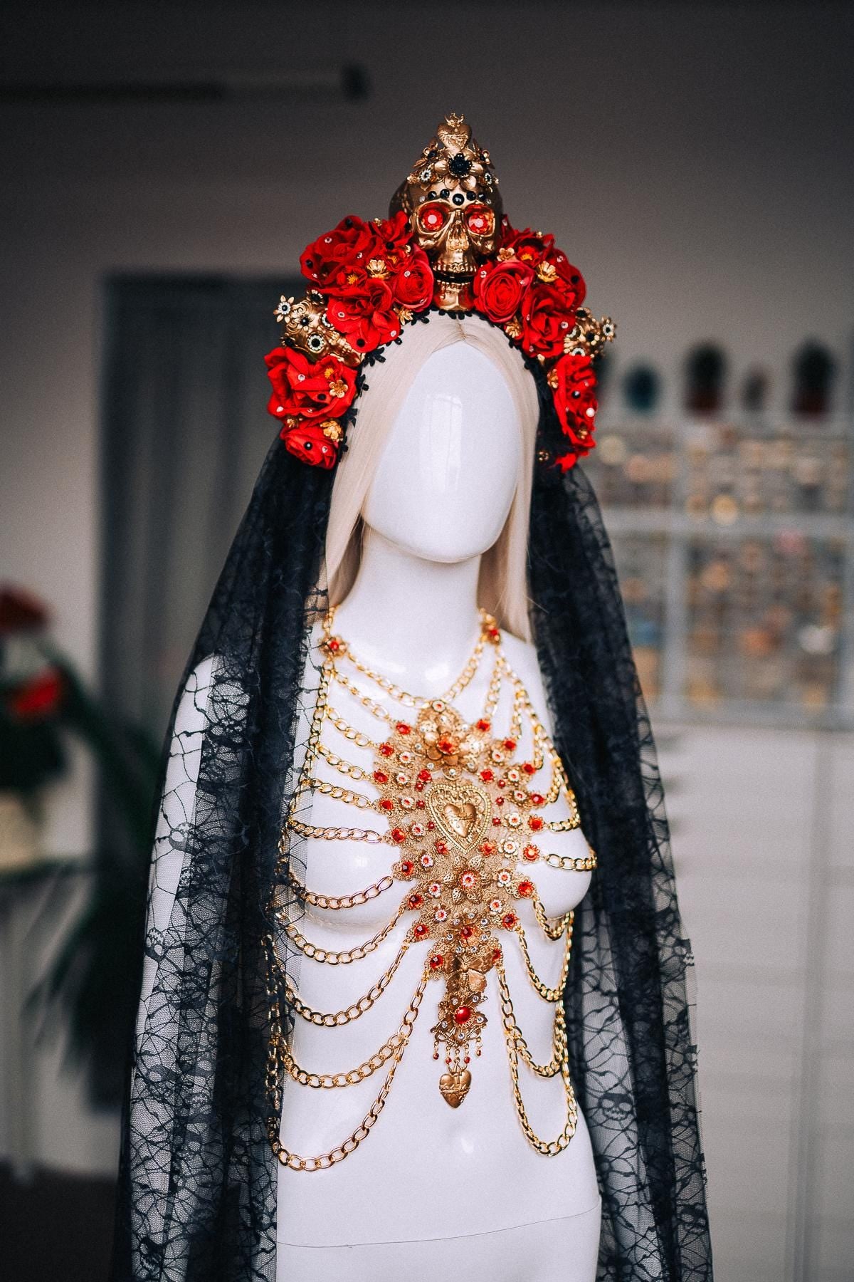 La Catrina Rib Cage Harness, Día de los Muertos Body Jewelry, Gold Sacred Heart Chest Piece, Catrina Body Harness