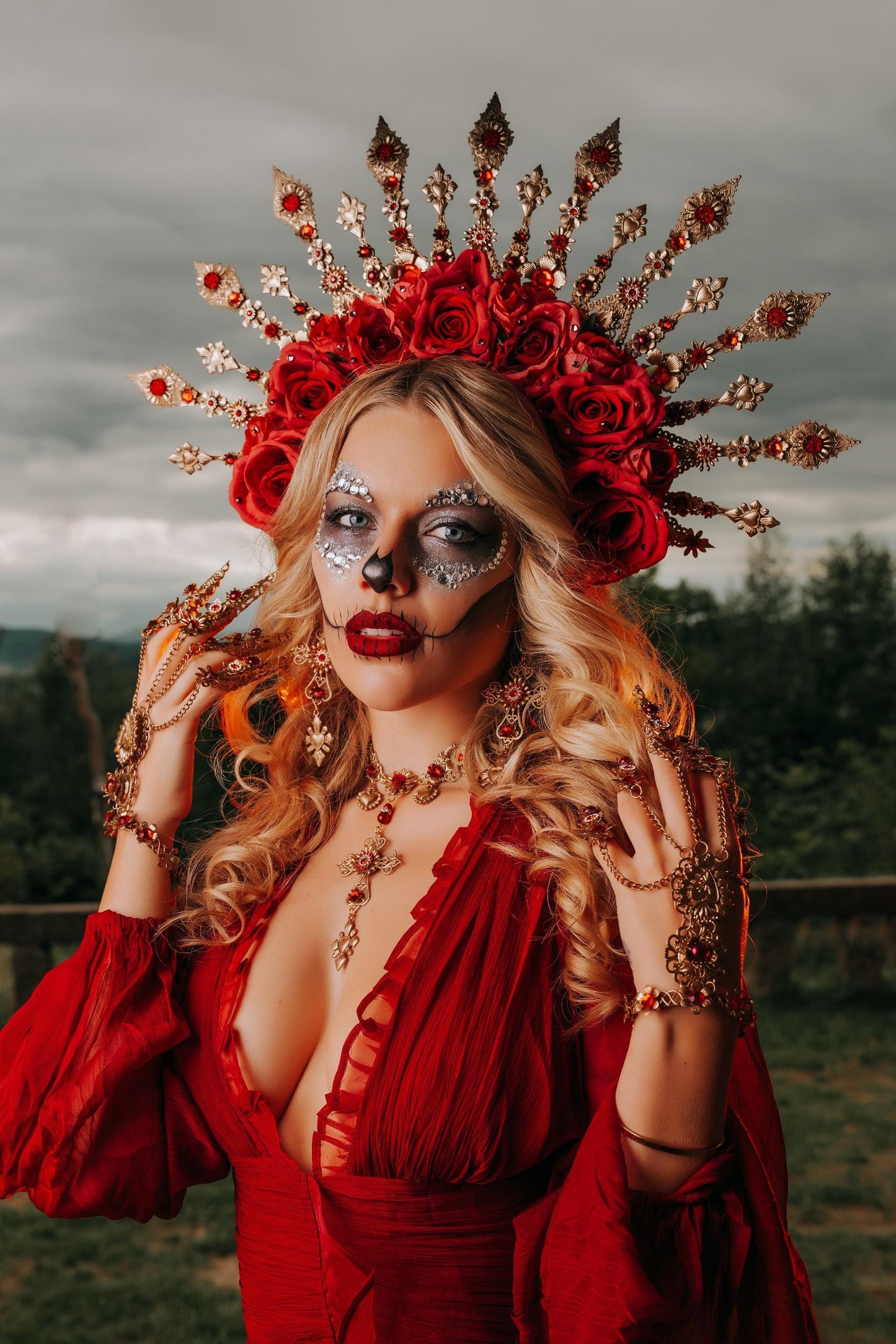 La Catrina Sacred Heart Earrings, Día de los Muertos Jewelry, Red Crystal Gold Earrings, Statement Catrina Jewelry