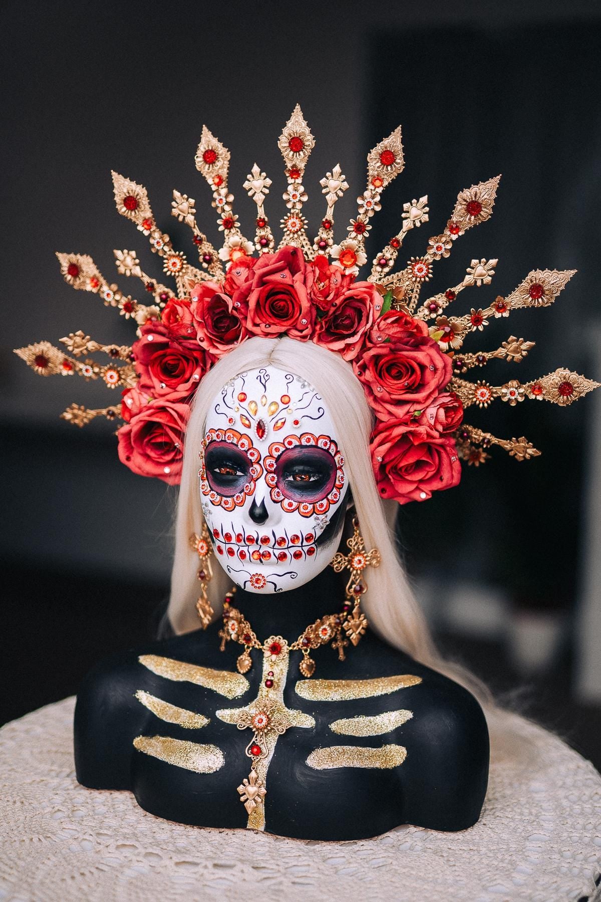 La Catrina Sacred Heart Earrings, Día de los Muertos Jewelry, Red Crystal Gold Earrings, Statement Catrina Jewelry