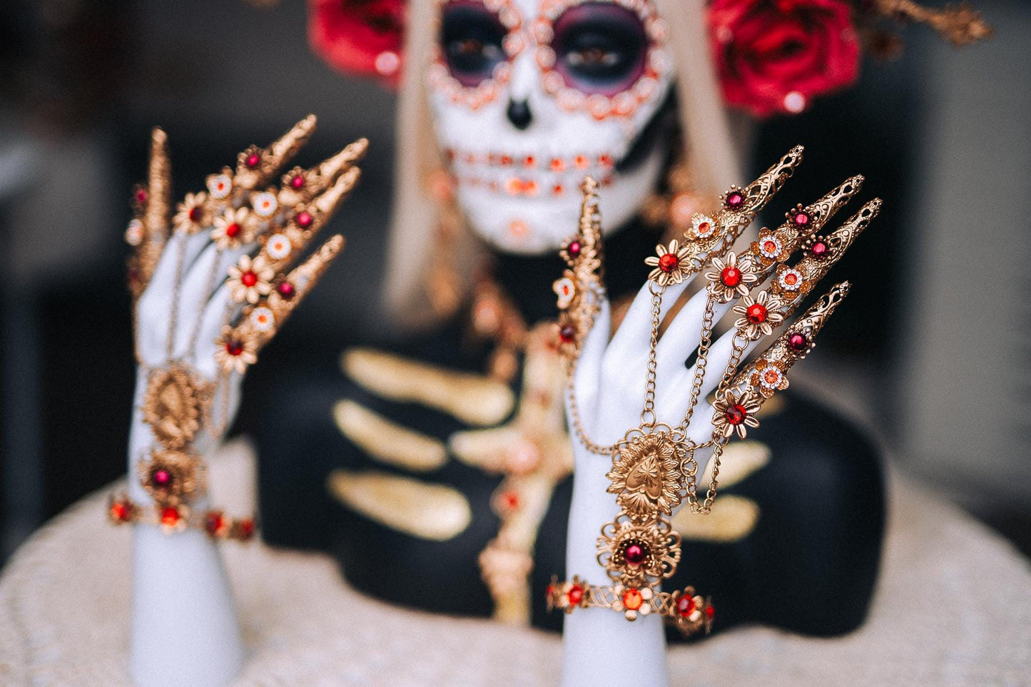 La Catrina Sacred Heart Earrings, Día de los Muertos Jewelry, Red Crystal Gold Earrings, Statement Catrina Jewelry