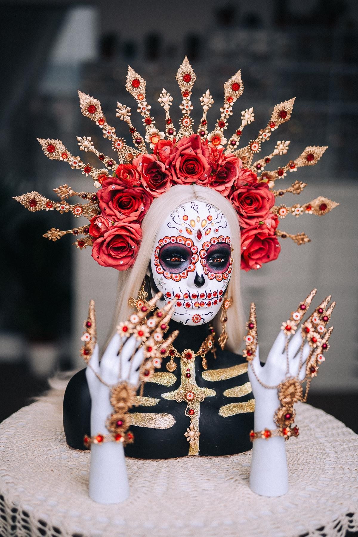 La Catrina Sacred Heart Earrings, Día de los Muertos Jewelry, Red Crystal Gold Earrings, Statement Catrina Jewelry