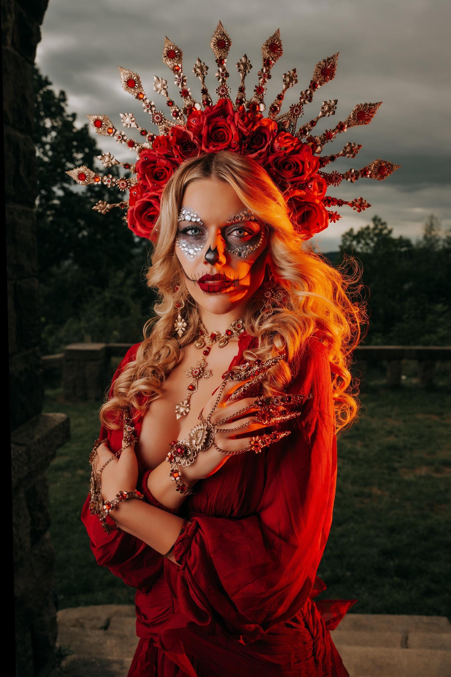 La Catrina Necklace, Día de los Muertos Jewelry, Sacred Heart Necklace, Red Crystal Gold Statement Jewelry