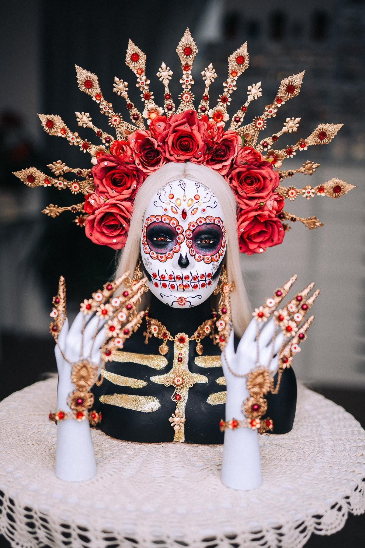 La Catrina Necklace, Día de los Muertos Jewelry, Sacred Heart Necklace, Red Crystal Gold Statement Jewelry