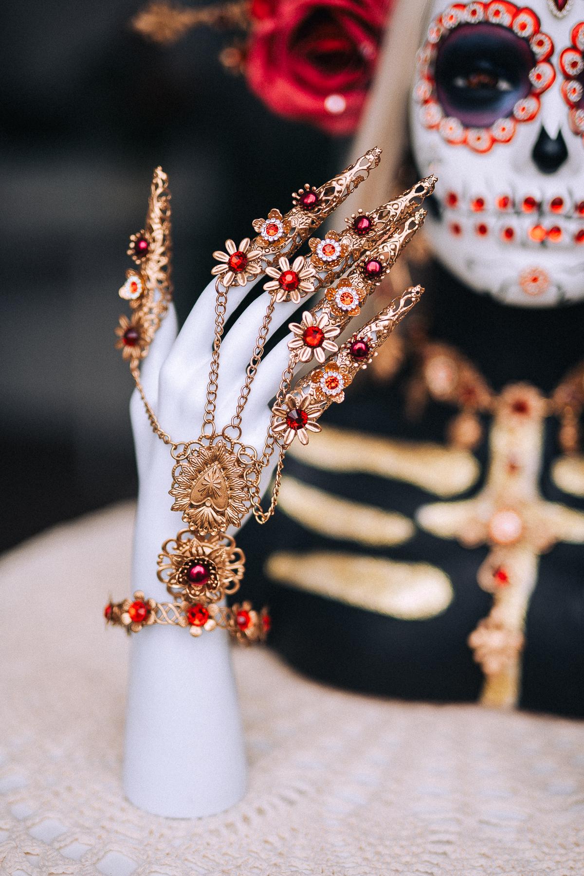 La Catrina Necklace, Día de los Muertos Jewelry, Sacred Heart Necklace, Red Crystal Gold Statement Jewelry
