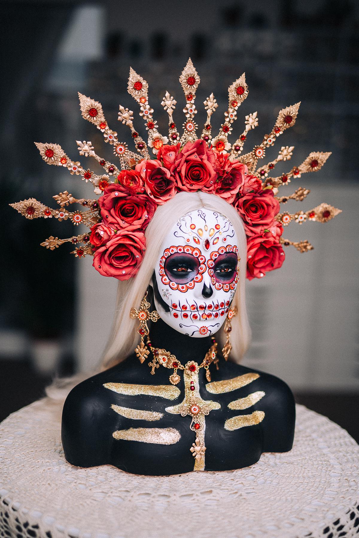 La Catrina Necklace, Día de los Muertos Jewelry, Sacred Heart Necklace, Red Crystal Gold Statement Jewelry