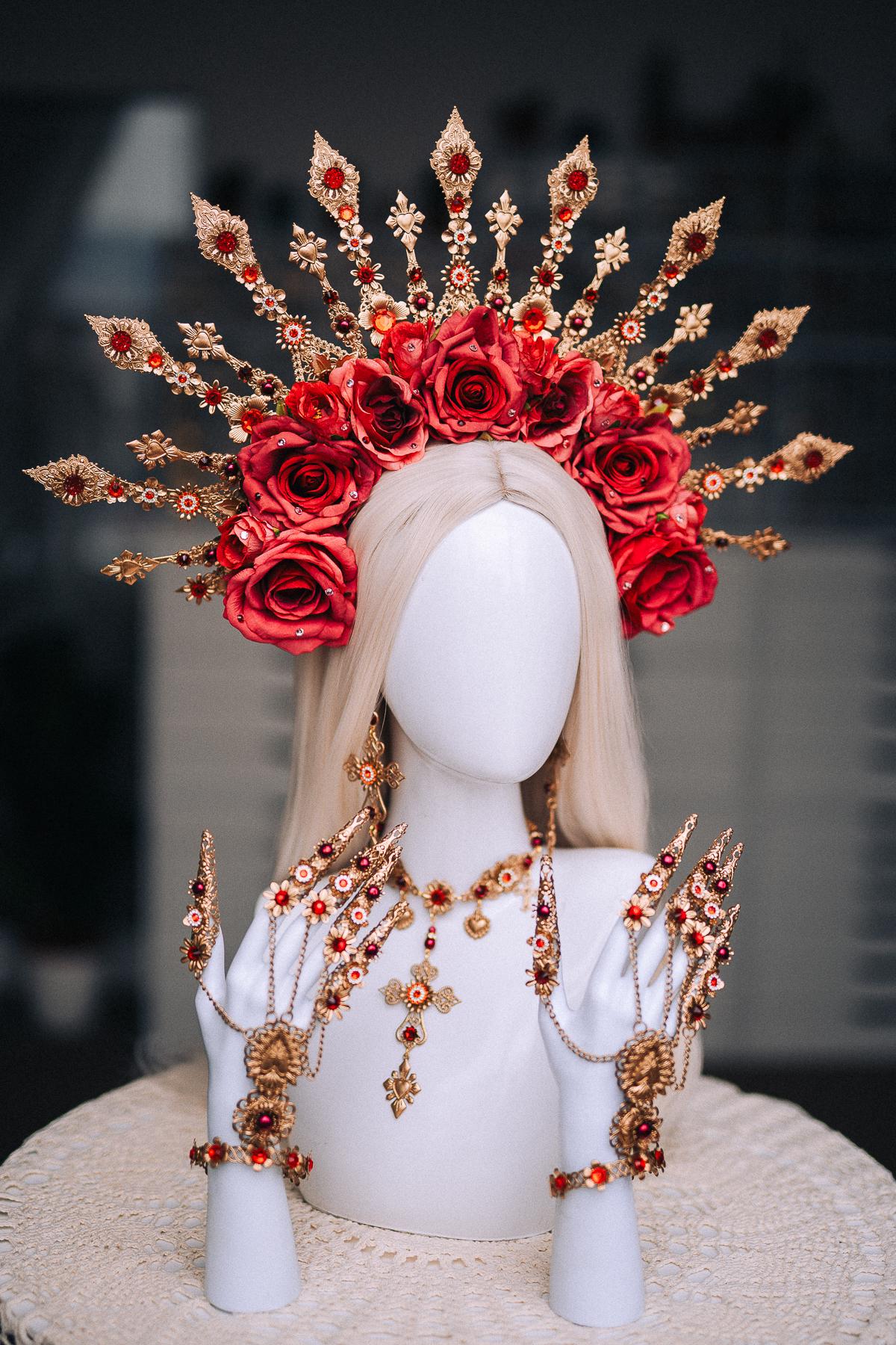 La Catrina Necklace, Día de los Muertos Jewelry, Sacred Heart Necklace, Red Crystal Gold Statement Jewelry